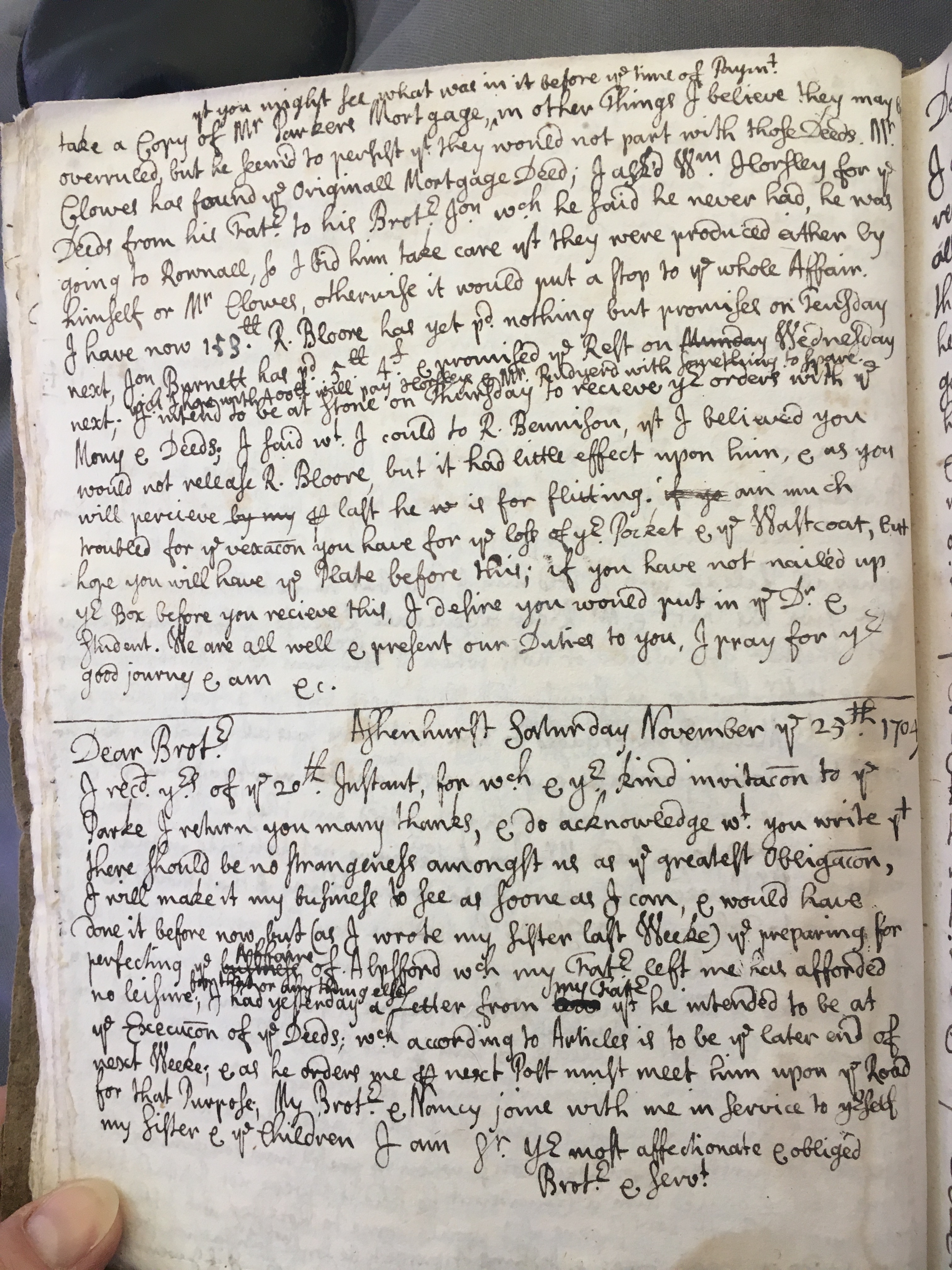 Image #1 of letter: Thomas Hollinshead to his brother-in-law, Mr Stanley, 25 November 1704.