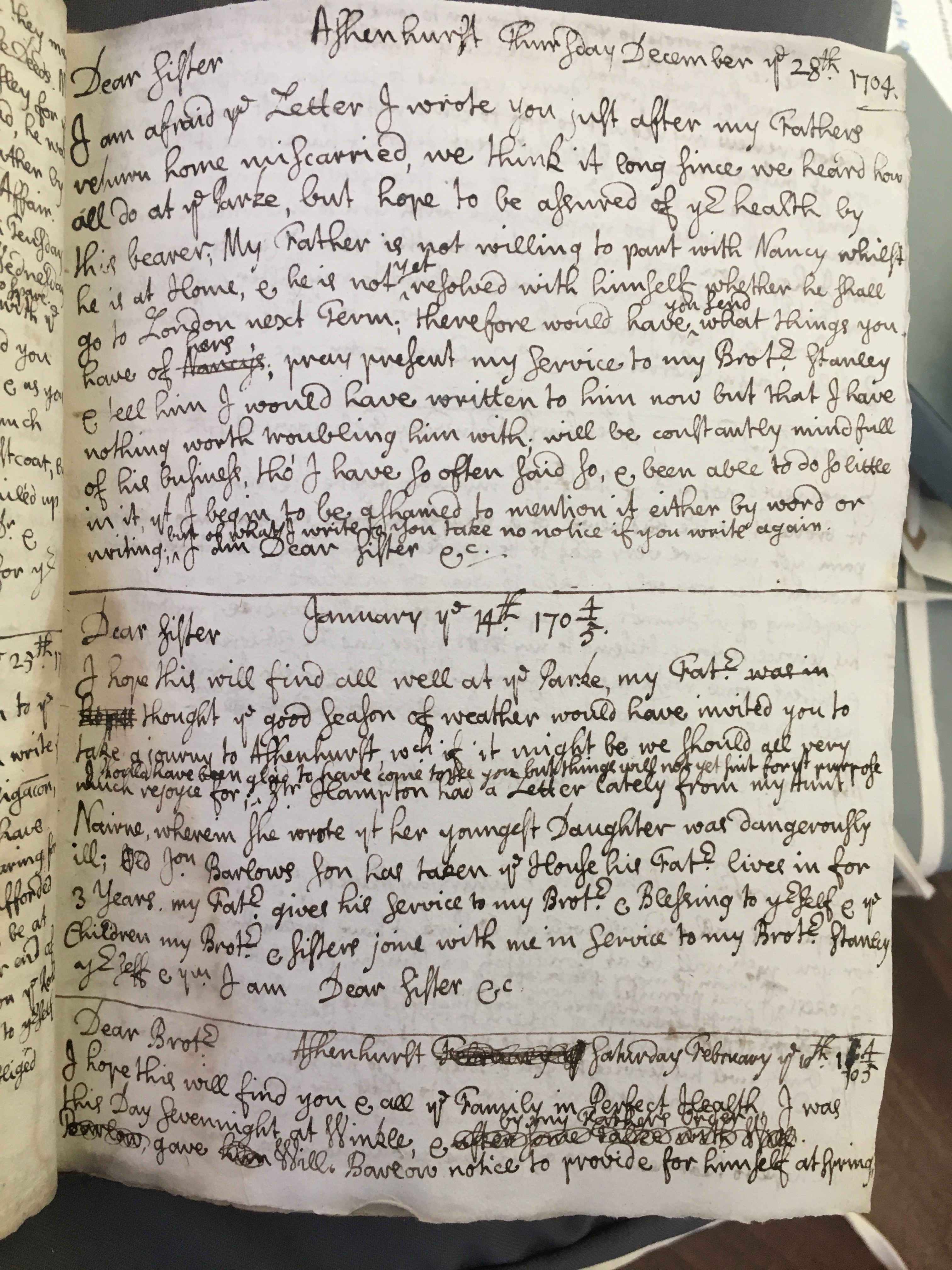 Image #1 of letter: Thomas Hollinshead to his Sister Stanley, 14 January 1705