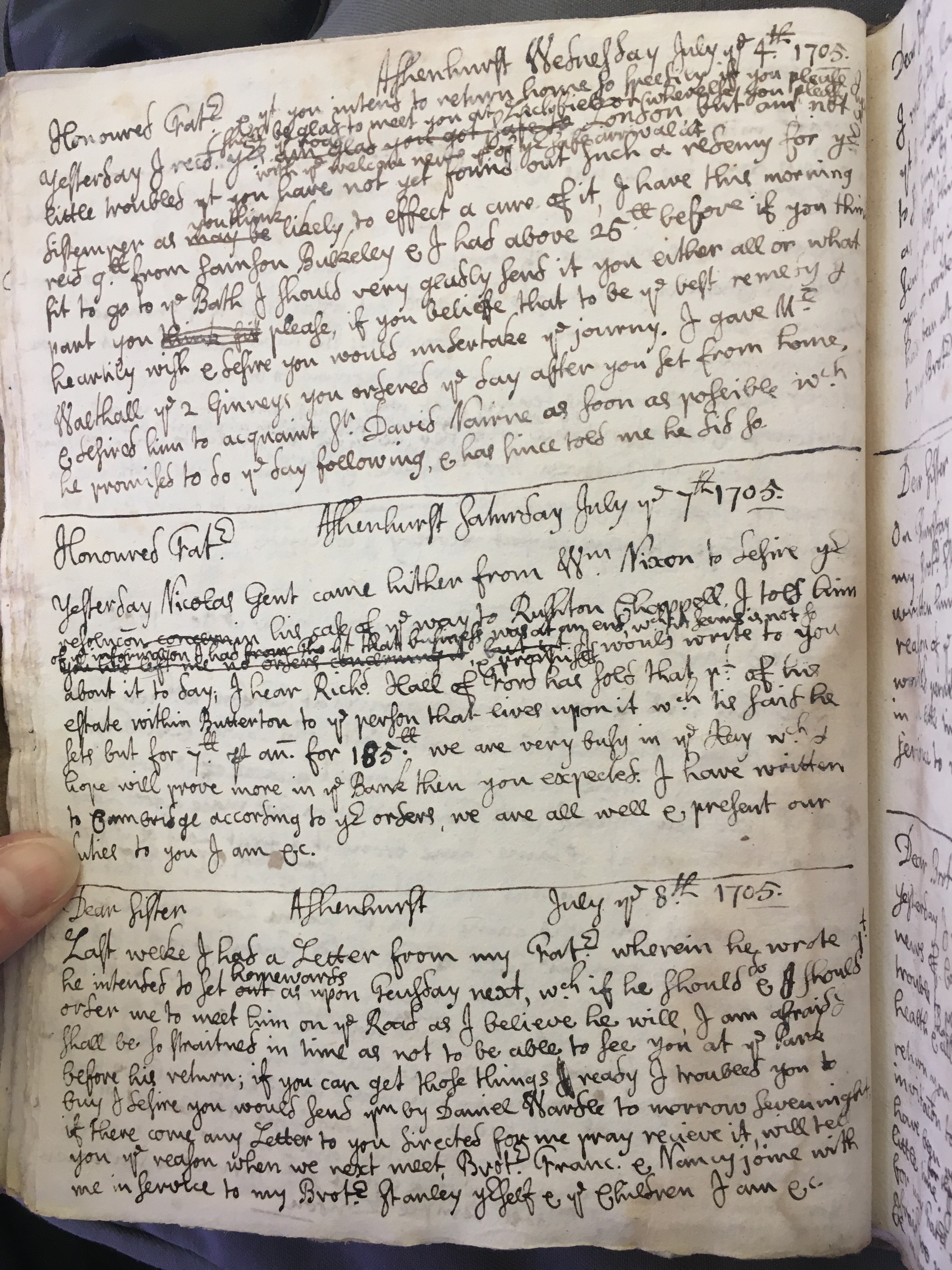 Image #1 of letter: Thomas Hollinshead to his father, Francis Hollinshead, sen, 4 July 1705