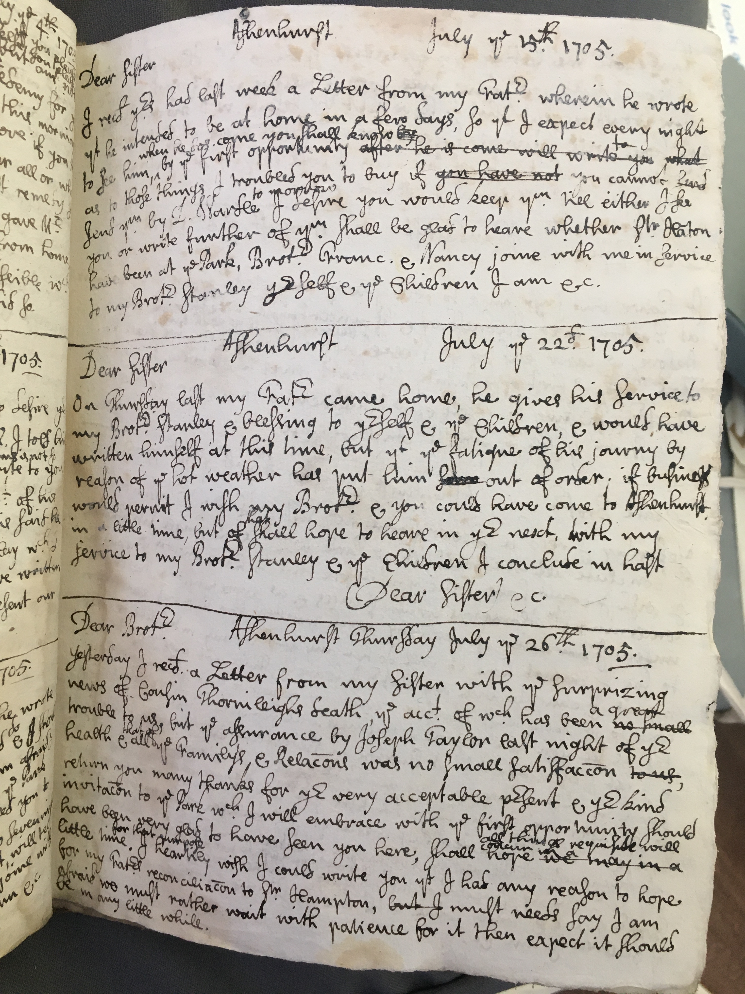 Image #1 of letter: Thomas Hollinshead to his Sister Stanley, 22 July 1705