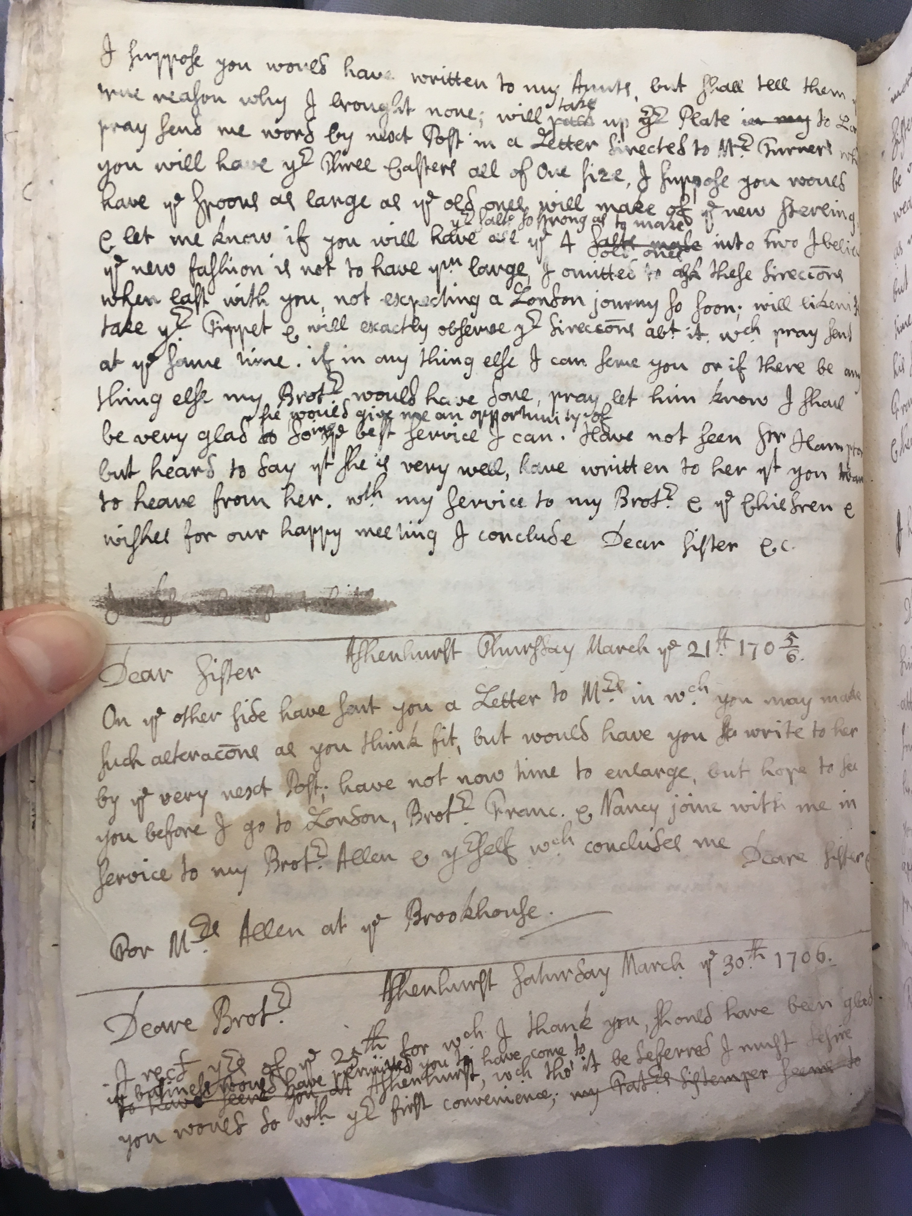 Image #1 of letter: Thomas Hollinshead to his brother-in-law Mr Stanley, 30 March 1706