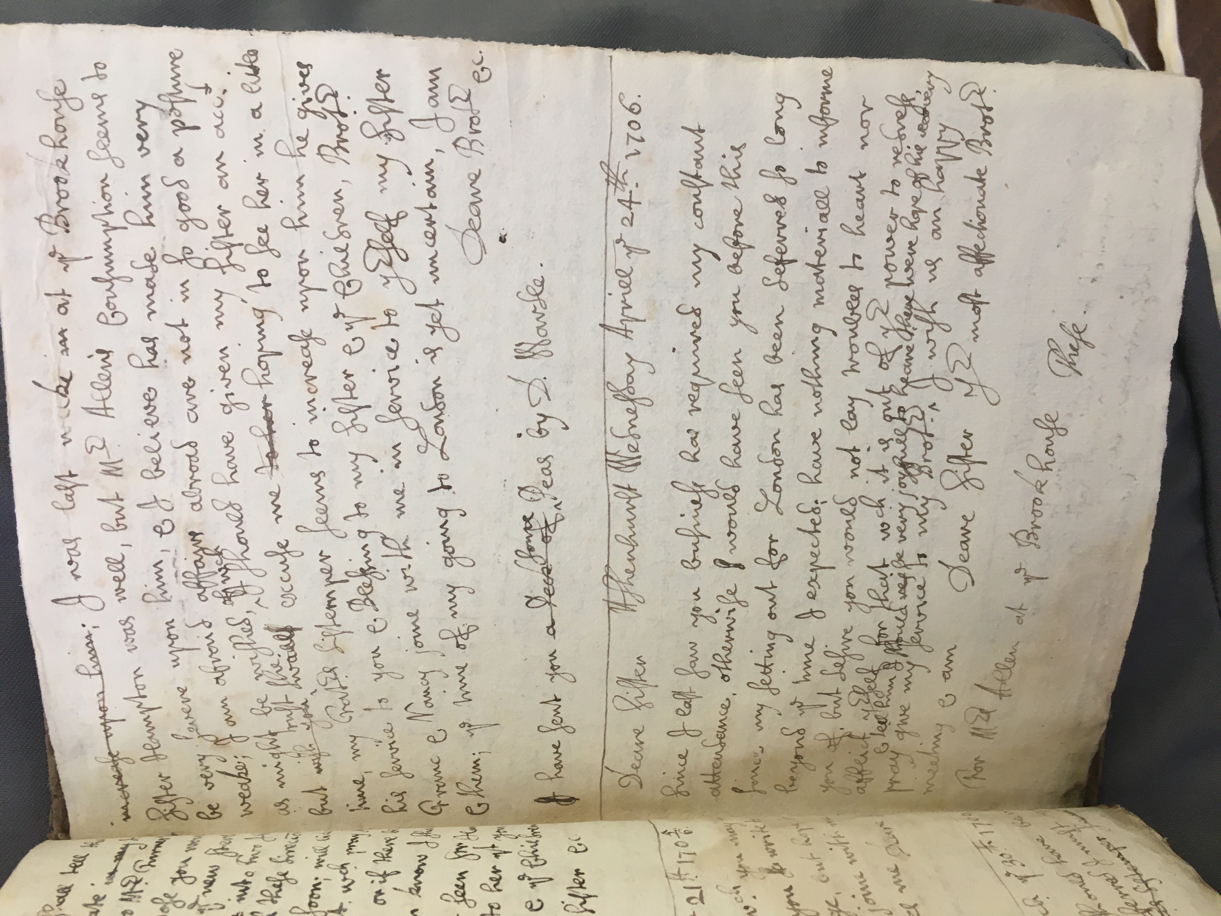 Image #1 of letter: Thomas Hollinshead to his Sister Hampton, 24 April 1706