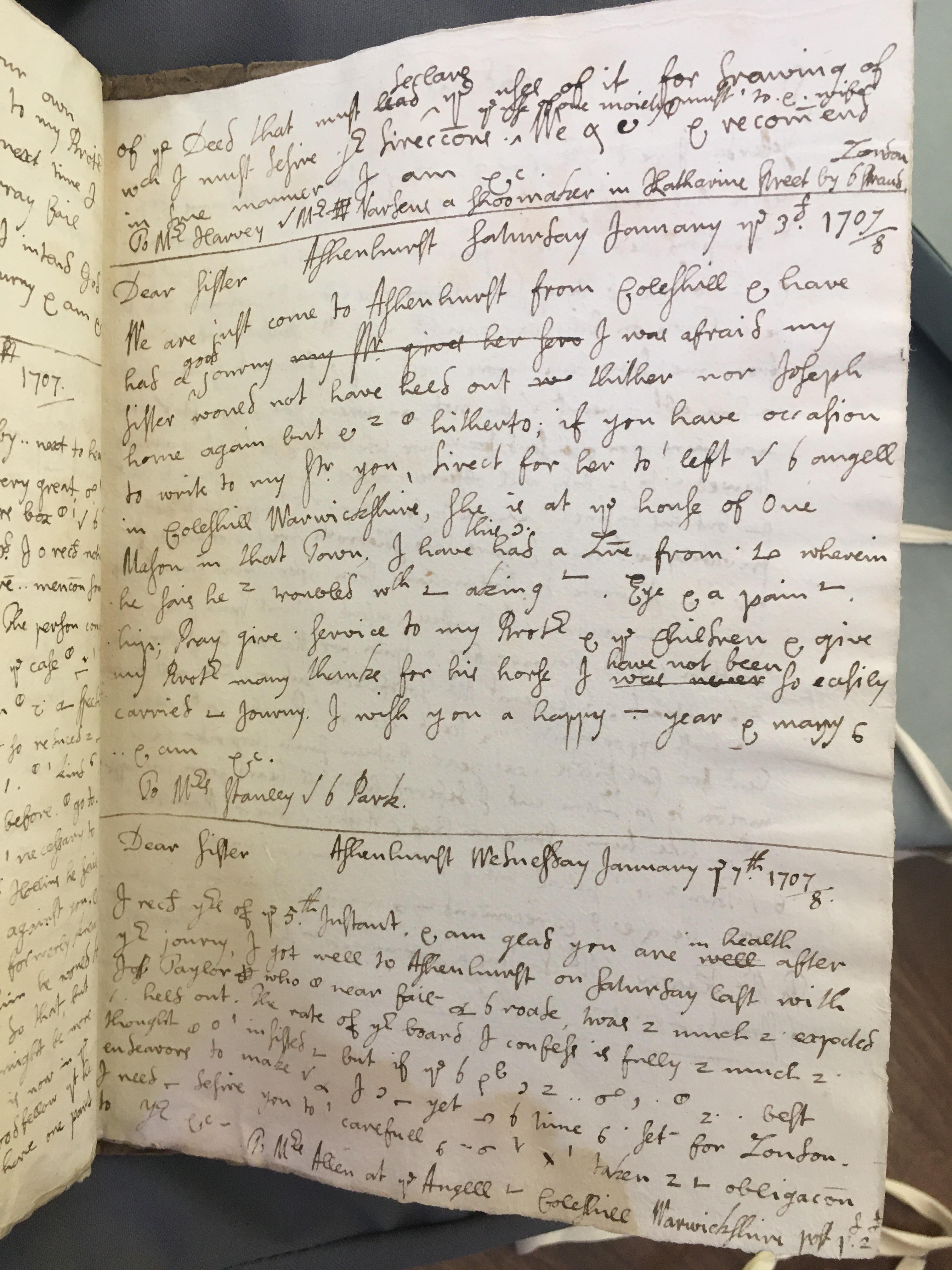 Image #1 of letter: Thomas Hollinshead to his Sister Stanley, 3 January 1708
