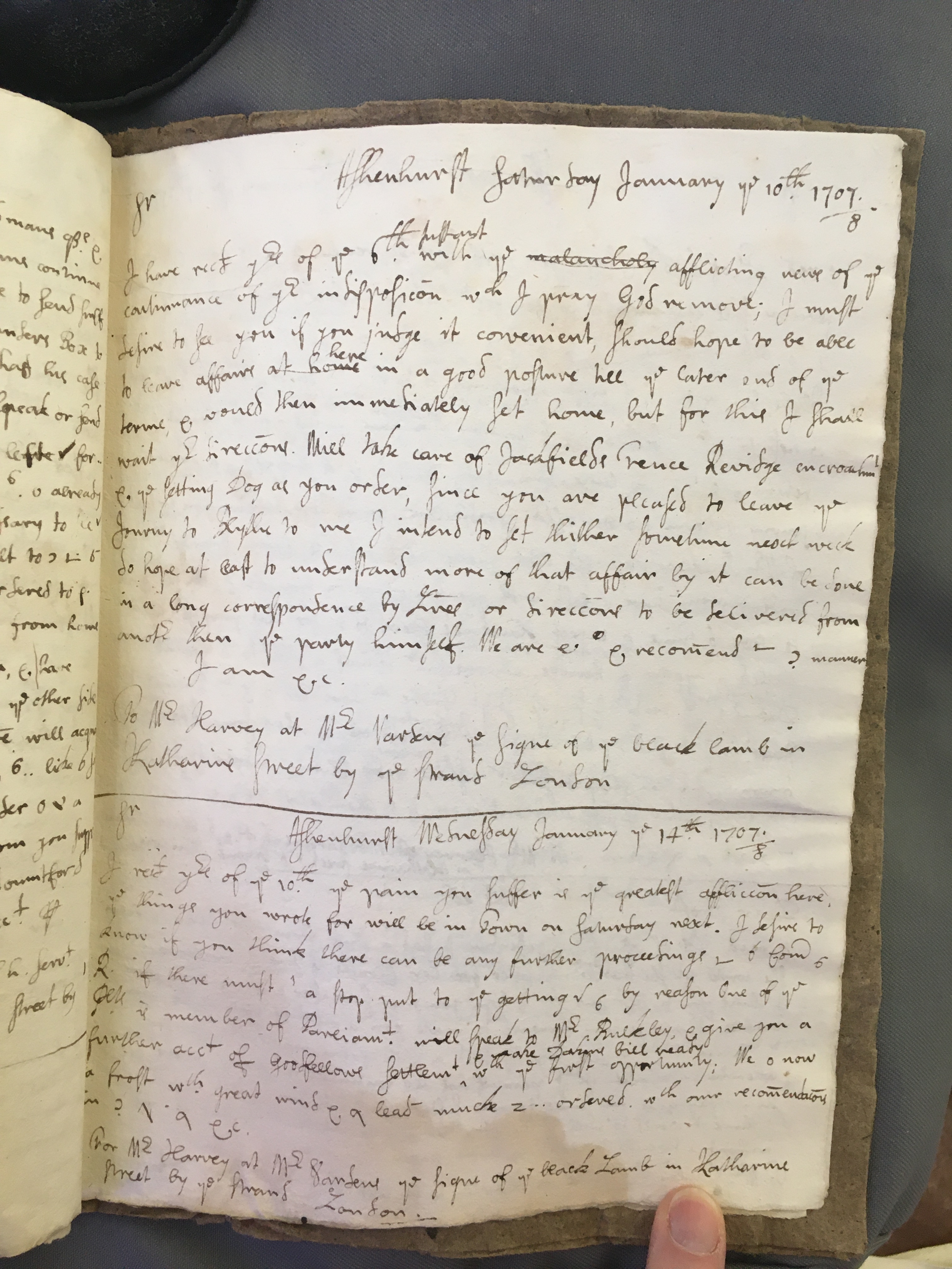 Image #1 of letter: Thomas Hollinshead to his father, Francis Hollinshead, 10 January 1708