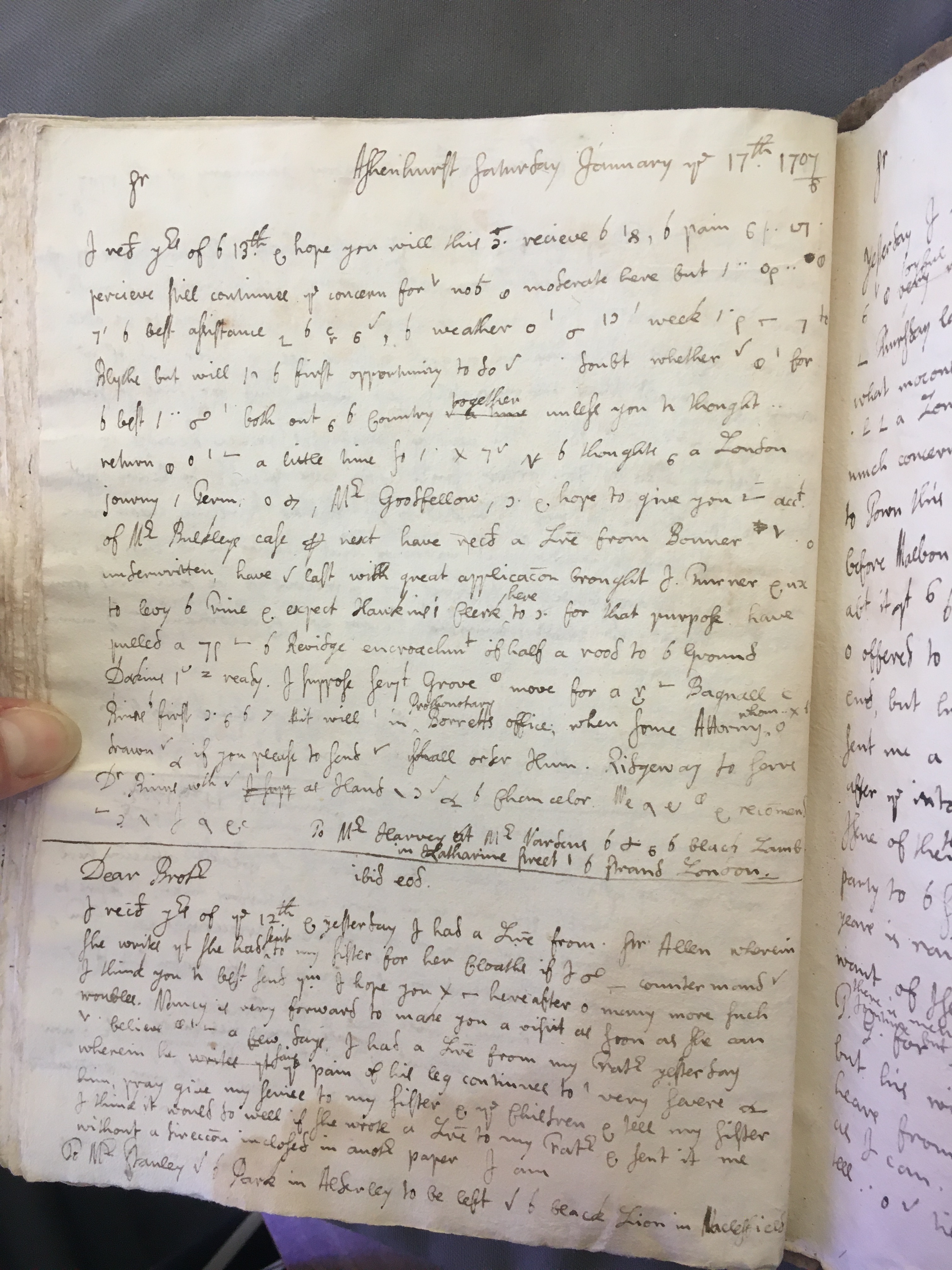 Image #1 of letter: Thomas Hollinshead to his brother, Mr Stanley,  17 January 1708
