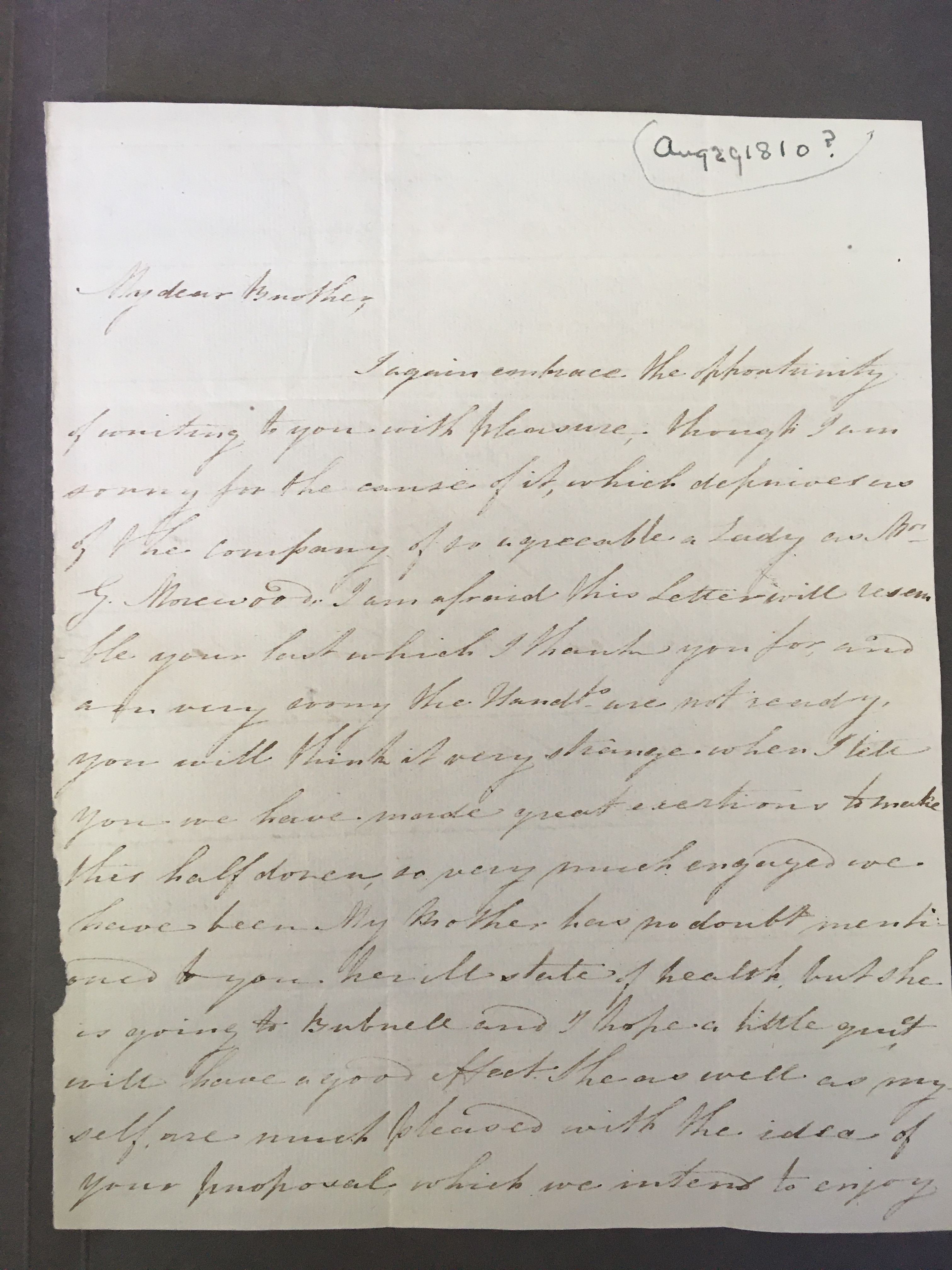 Image #1 of letter: Elizabeth Longsdon (jnr) to John Longsdon, 29 August [?1810]