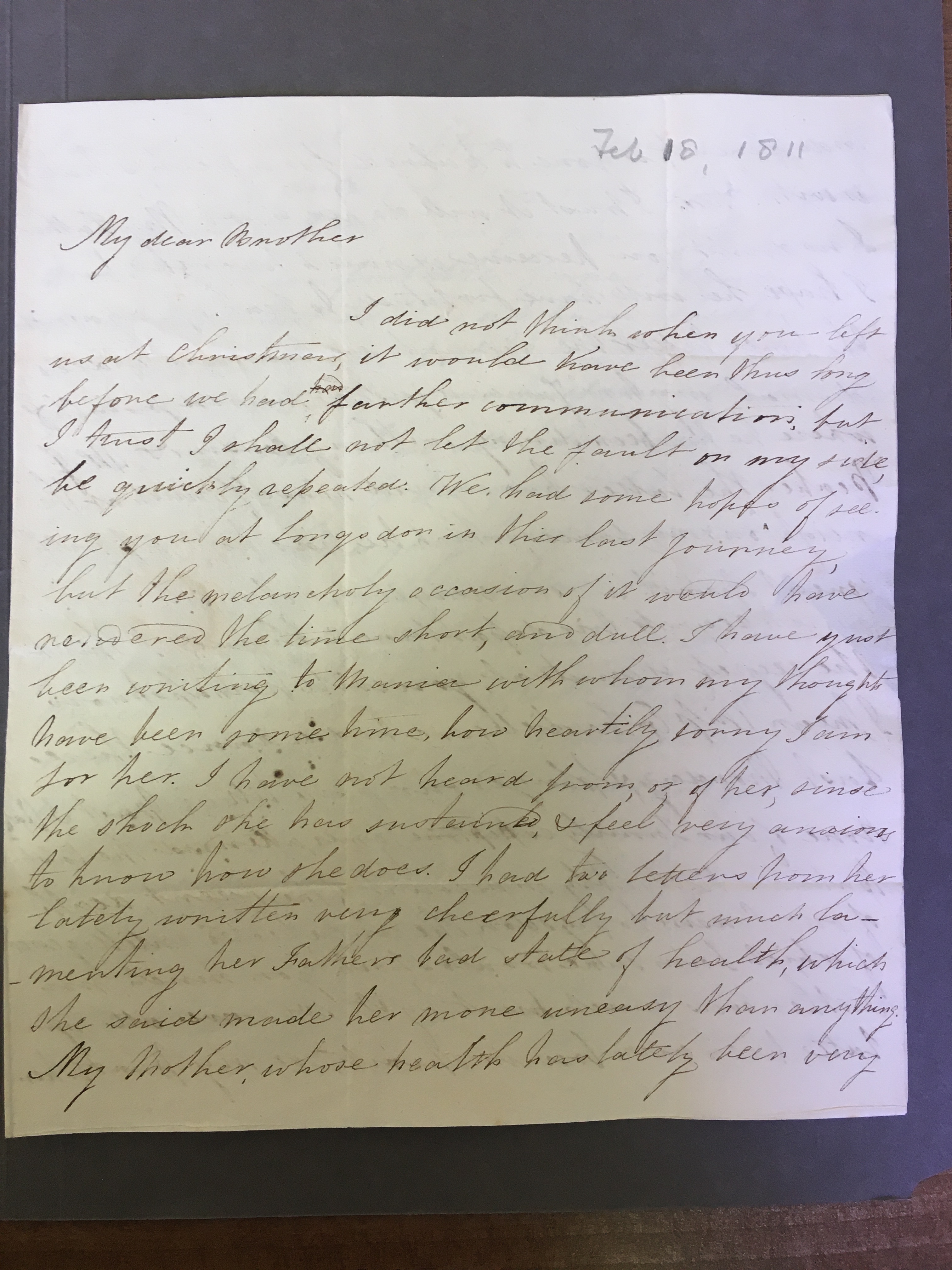 Image #1 of letter: Elizabeth Longsdon (jnr) to brother John Longsdon, 18 February 1811