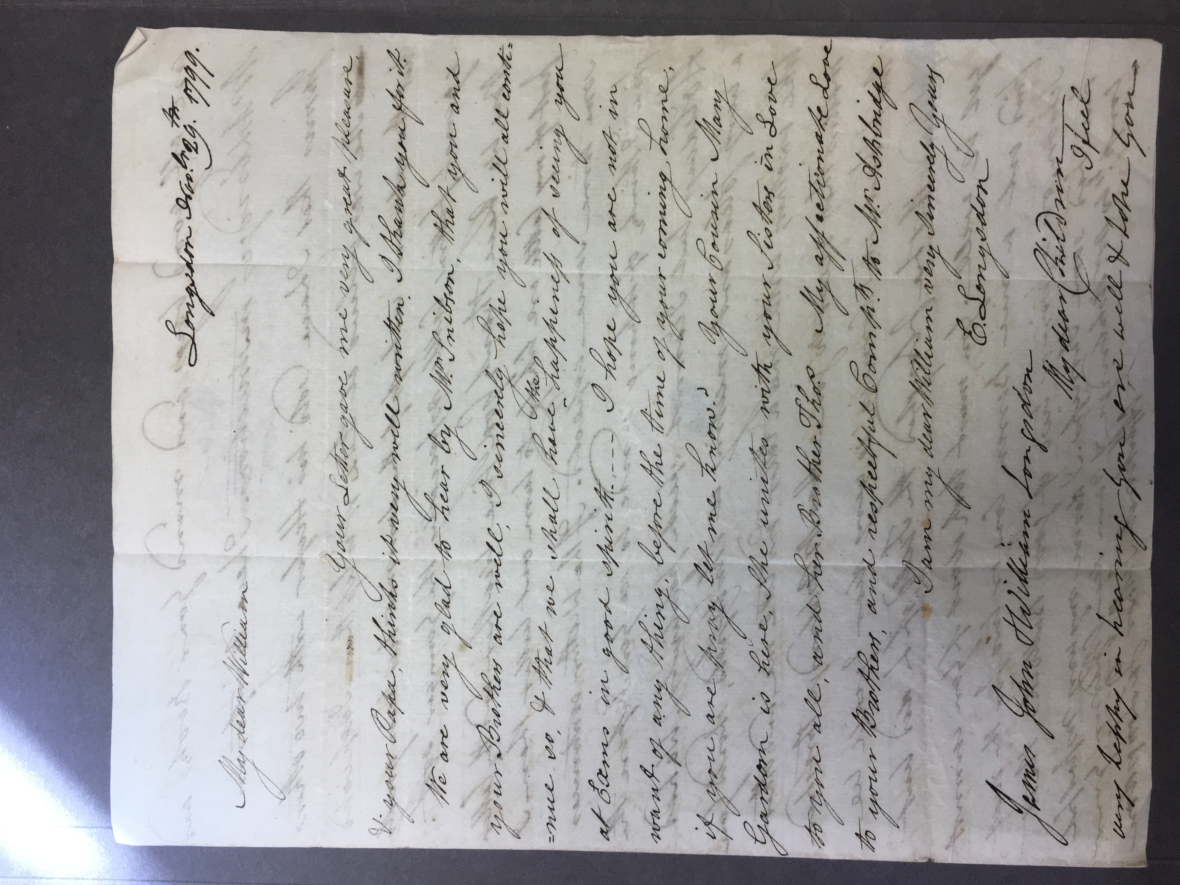 Image #1 of letter: Elizabeth Longsdon (snr) to William Longsdon, and James Longsdon (snr) to James (jnr), John and William Longsdon, 29 November 1799