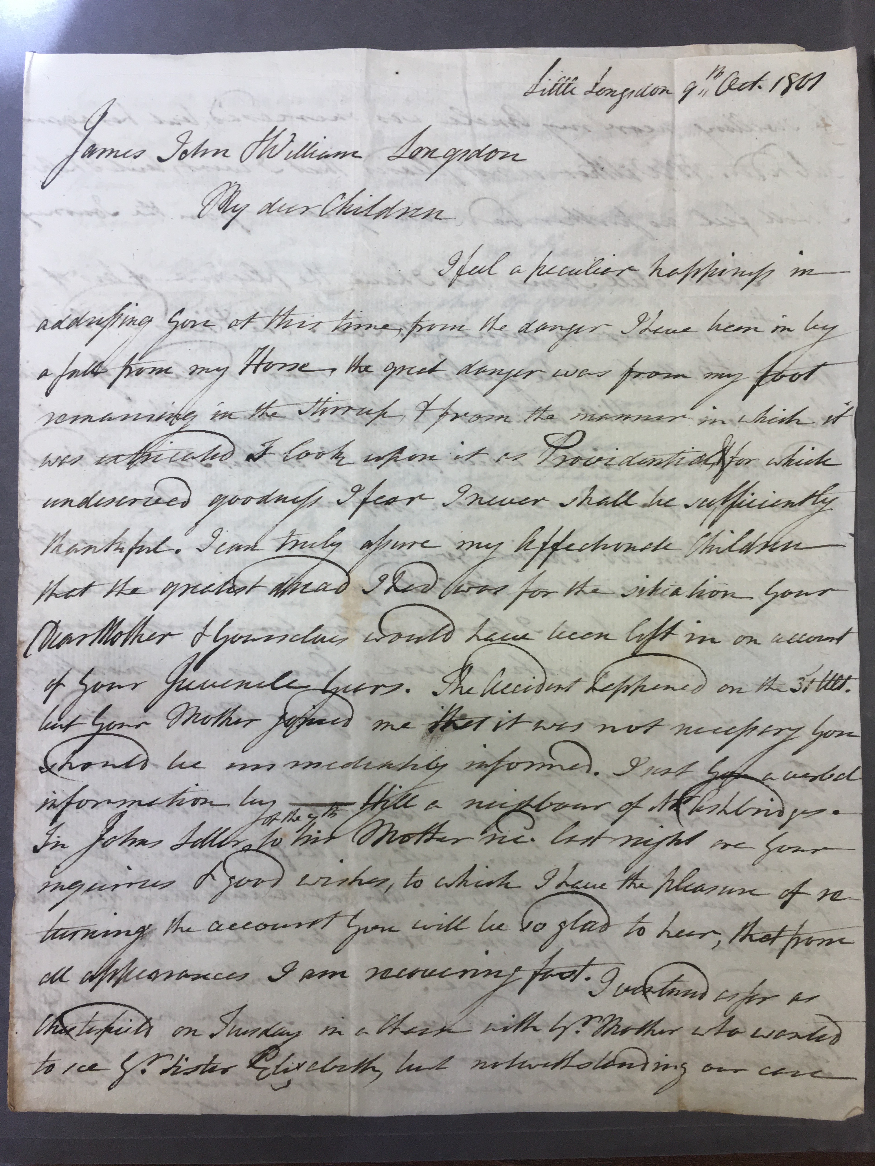 Image #1 of letter: James Longsdon (snr) to James (jnr), John and William Longdson, 9 October 1801