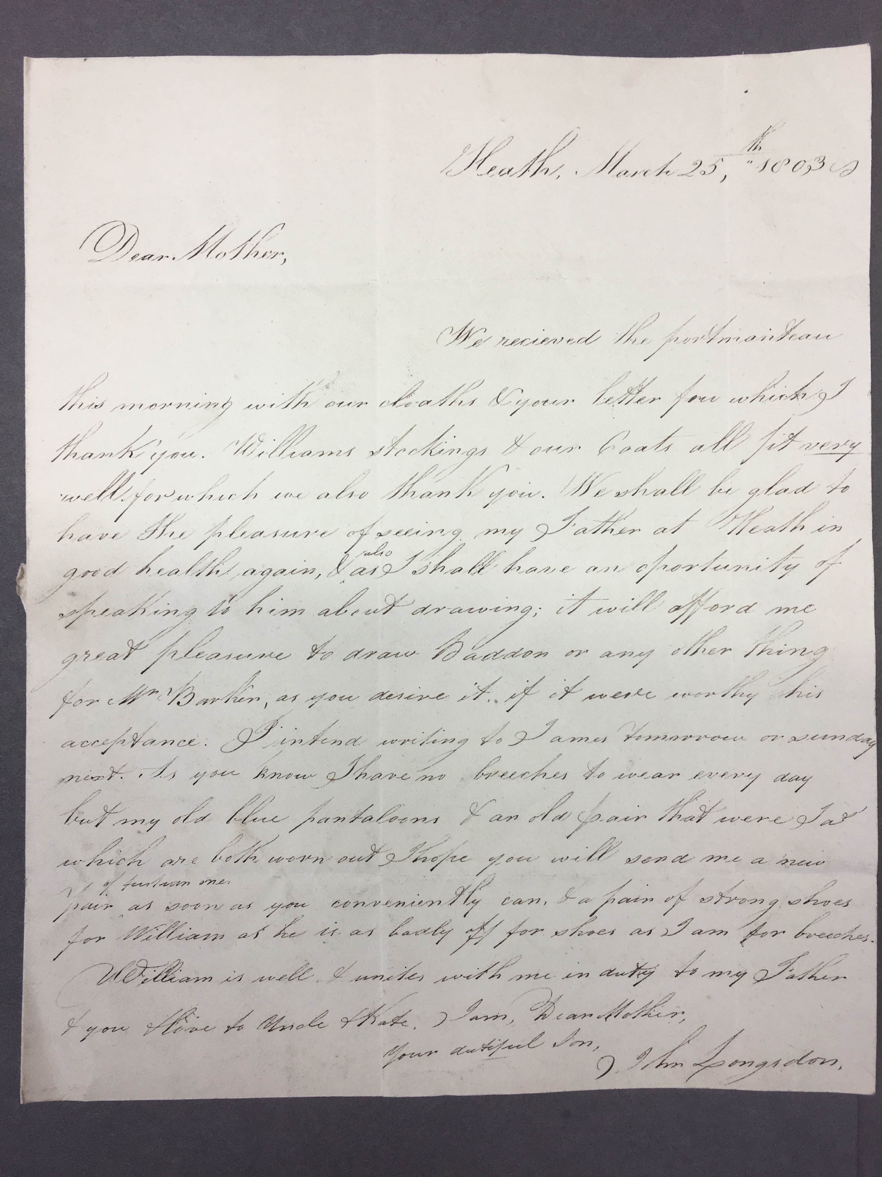 Image #1 of letter: John Longsdon to Elizabeth Longsdon (snr), 25 March 1803