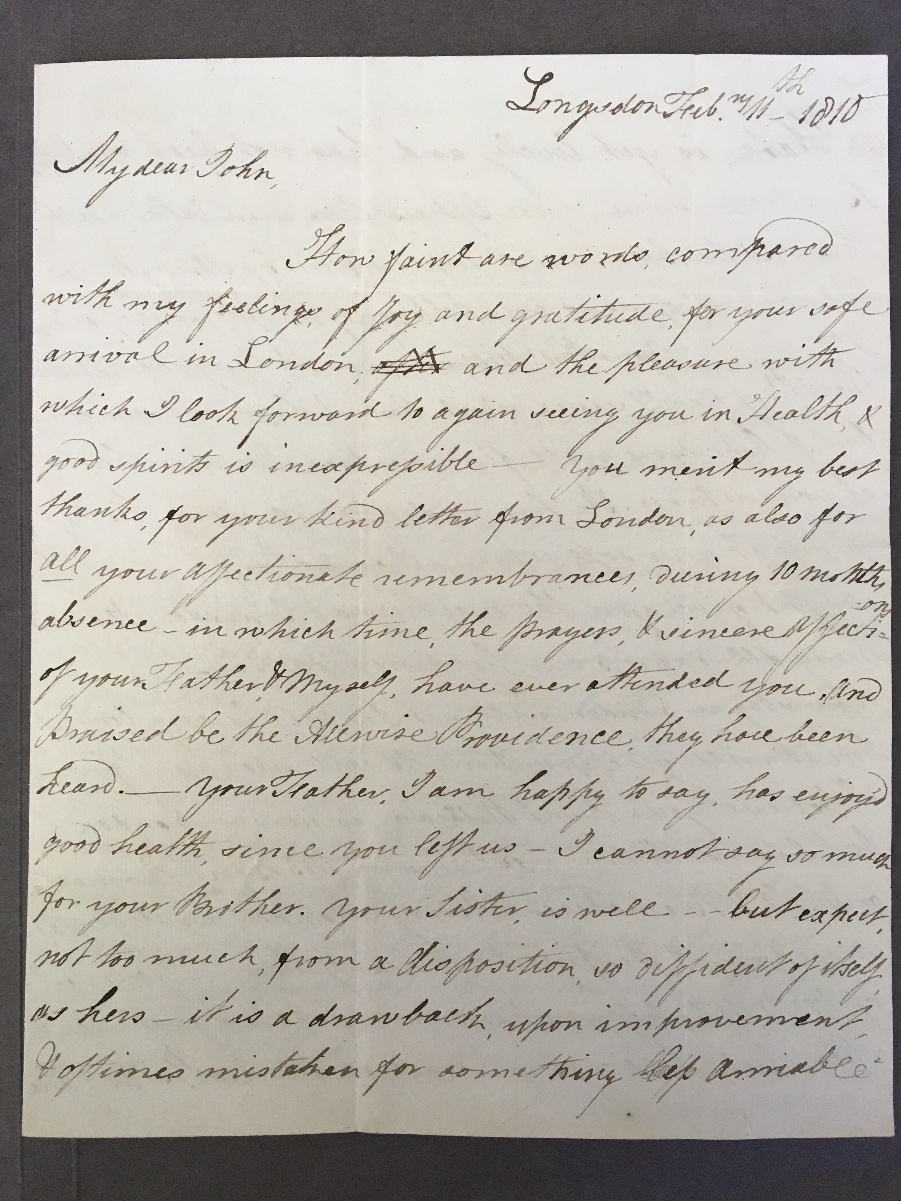 Image #1 of letter: Elizabeth Longsdon (sen) to John Longsdon, 11 February 1810