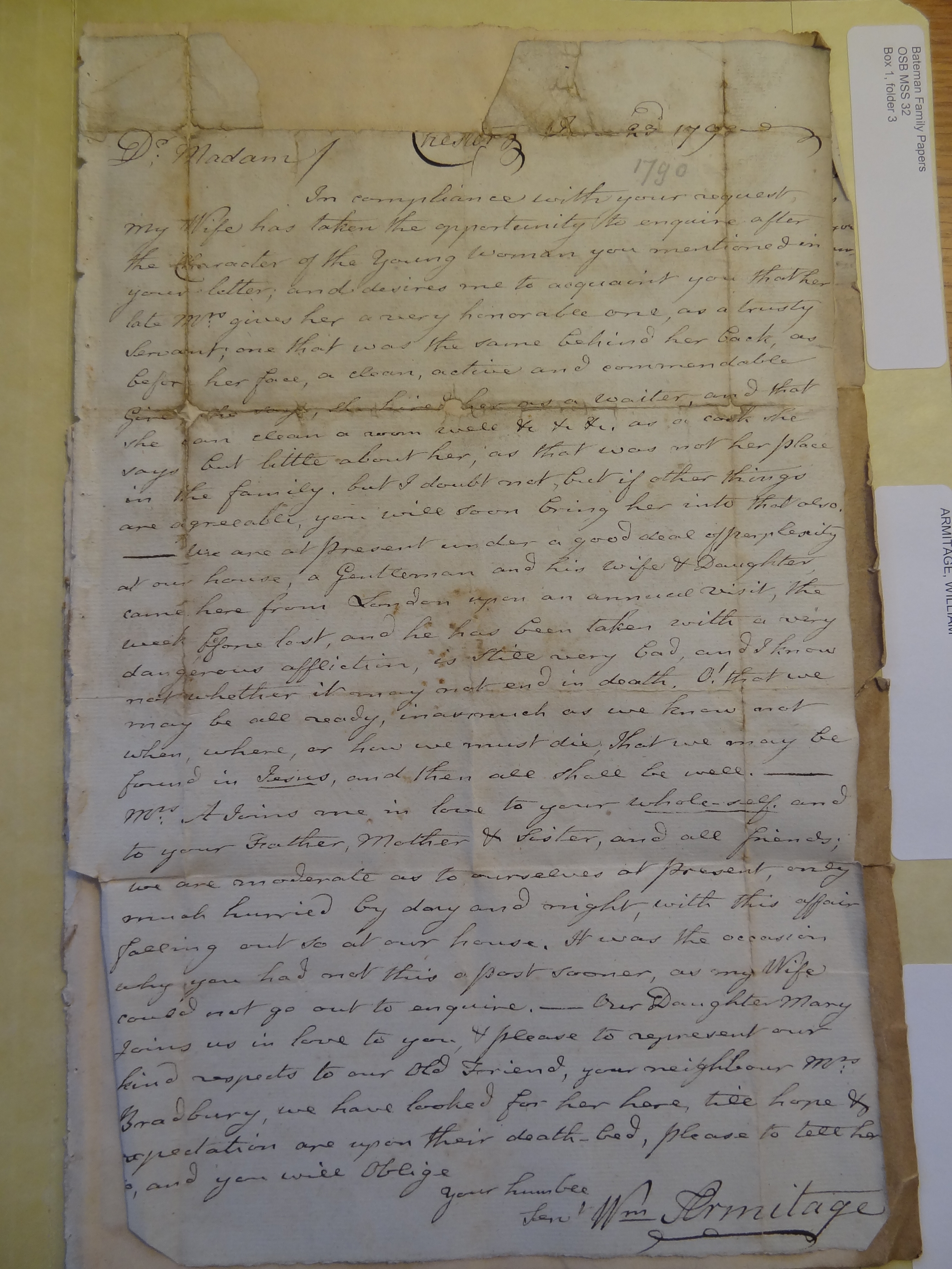 Image #1 of letter: William Armitage to Rebekah Bateman, 23 June 1790