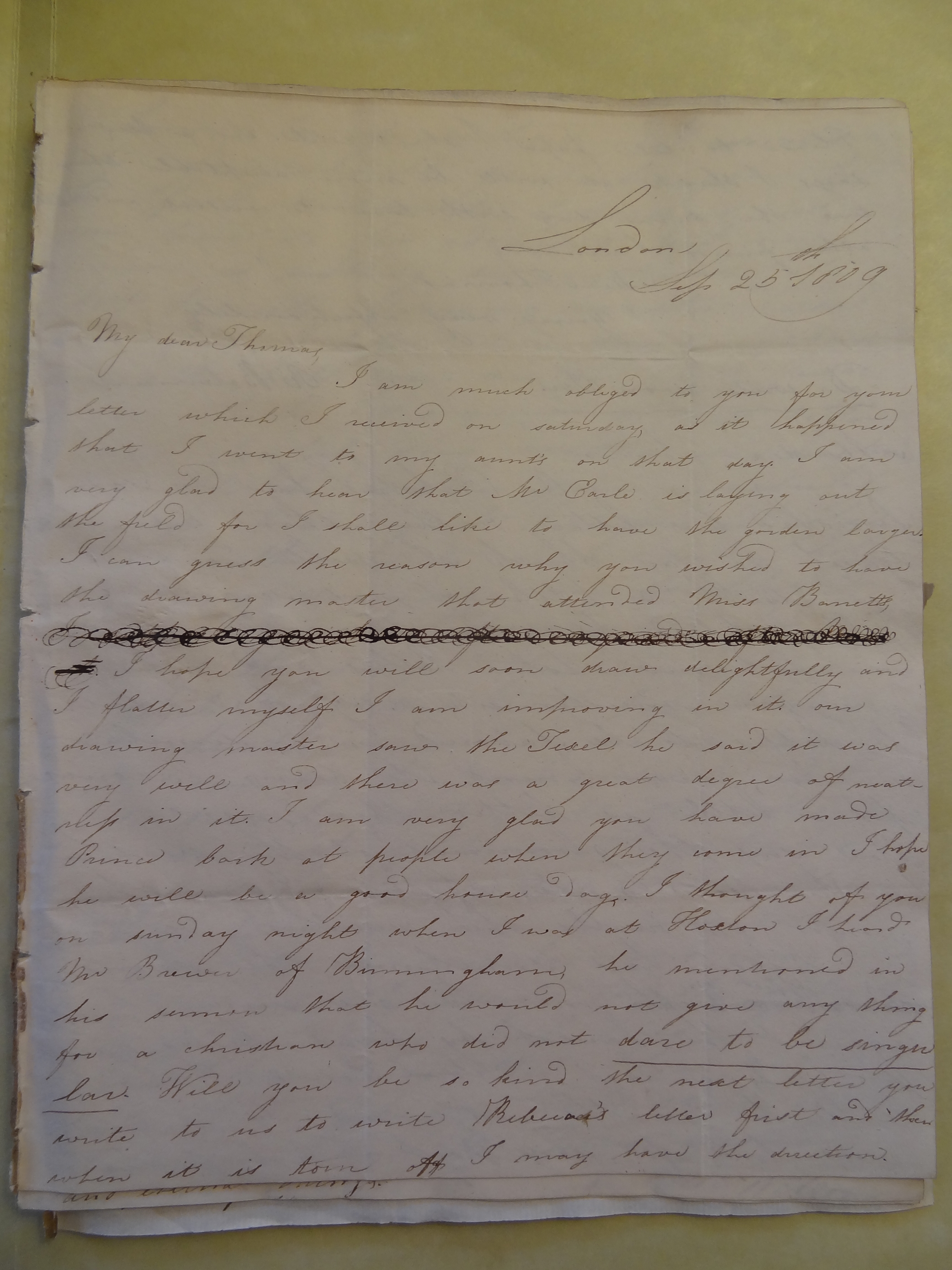 Image #1 of letter: Rebekah Hope and Rebekah Stratten to Thomas Bateman Junior, 25 September 1809