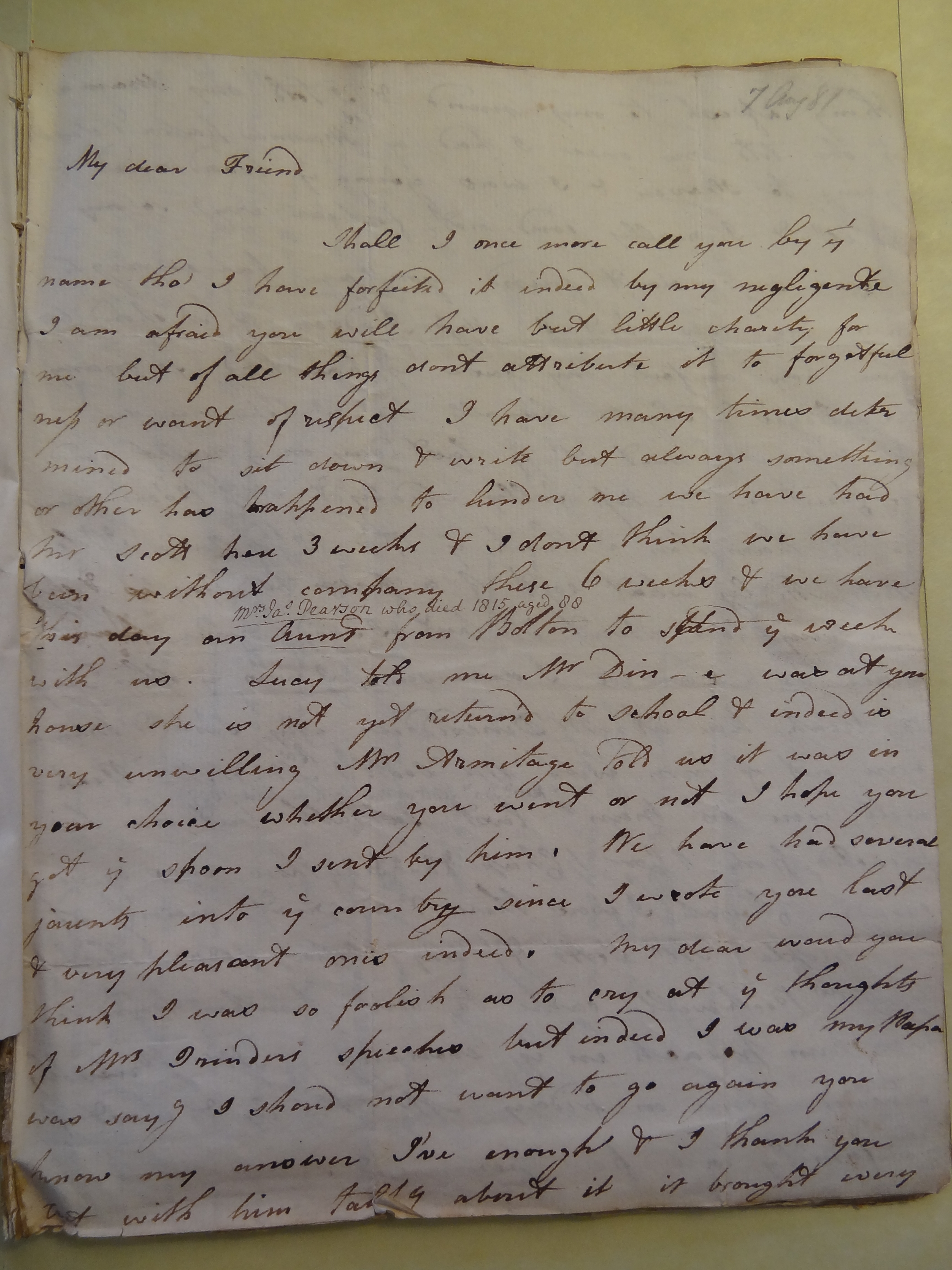 Image #1 of letter: Rebekah Bateman to Mary Jane Hodson, 7 August 1781