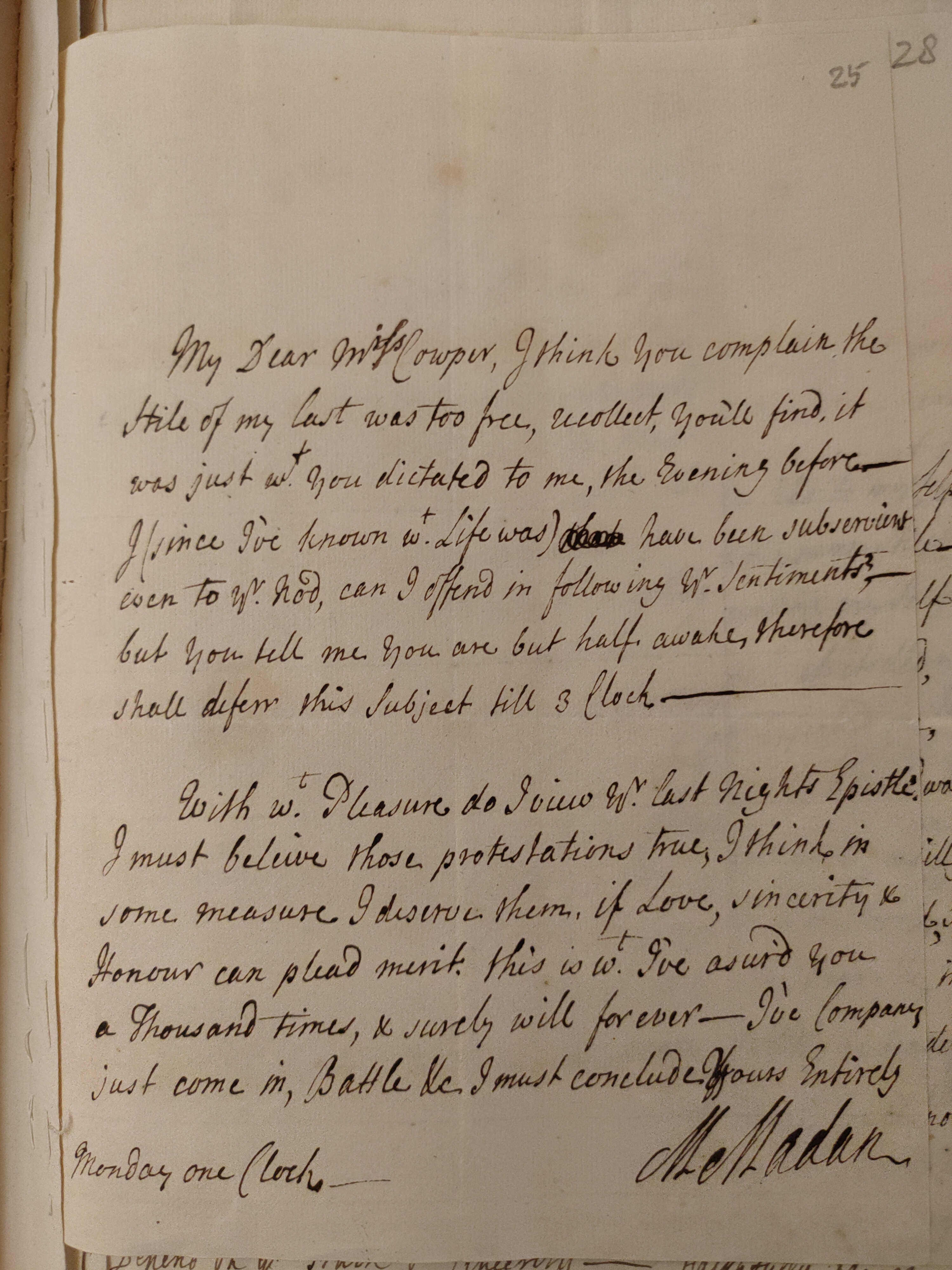Image #1 of letter: Martin Madan to Judith Cowper, 1723