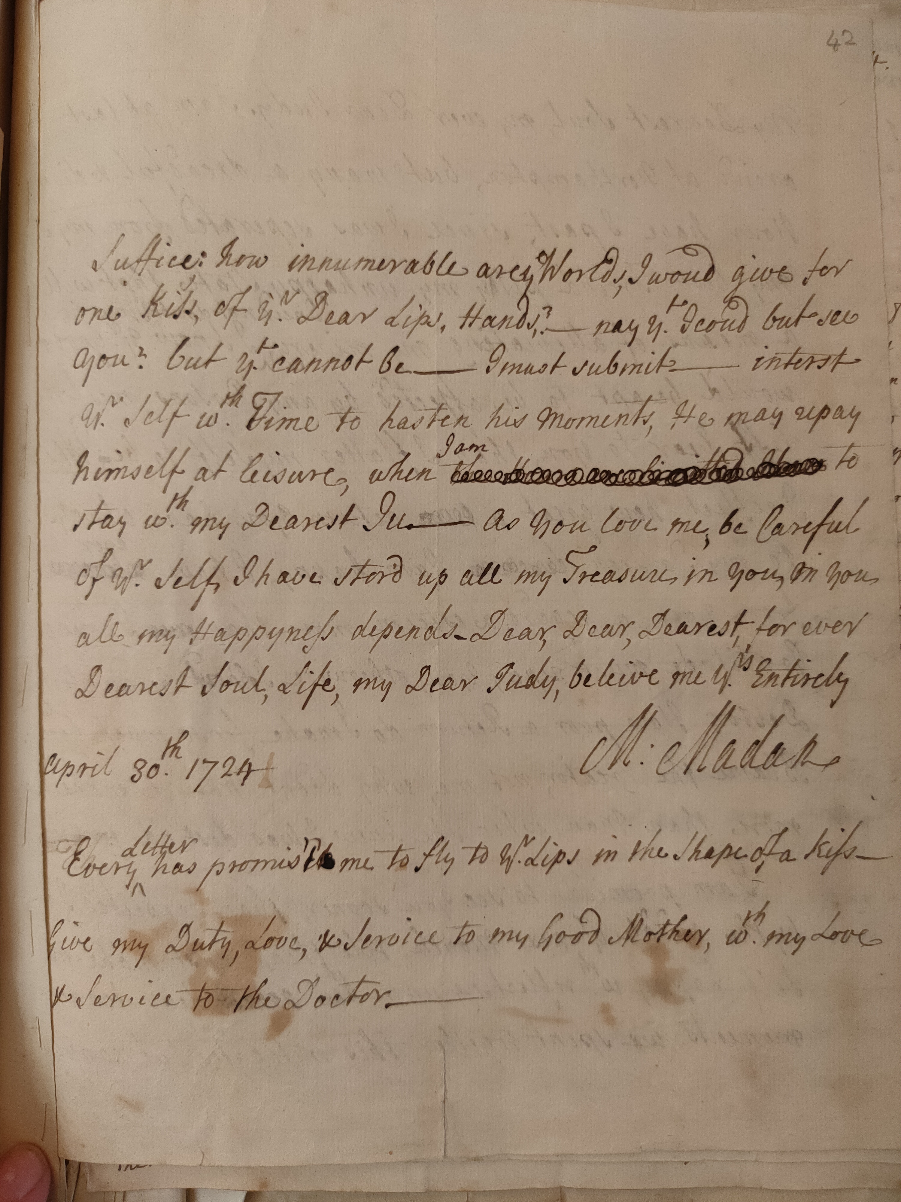 Image #1 of letter: Martin Madan to Judith Madan, 30 April 1724