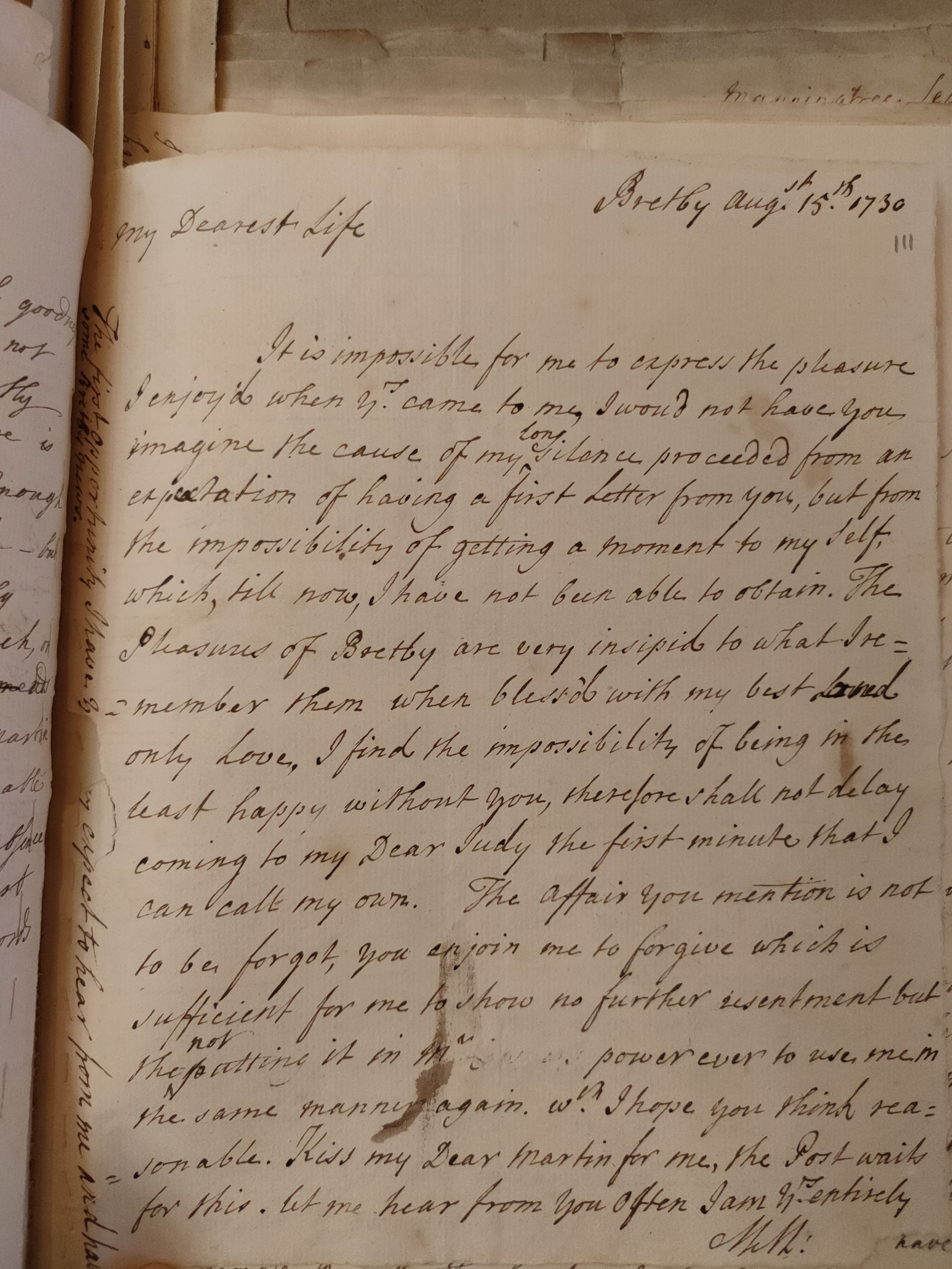 Image #1 of letter: Judith Madan to Martin Madan, 15 August 1730