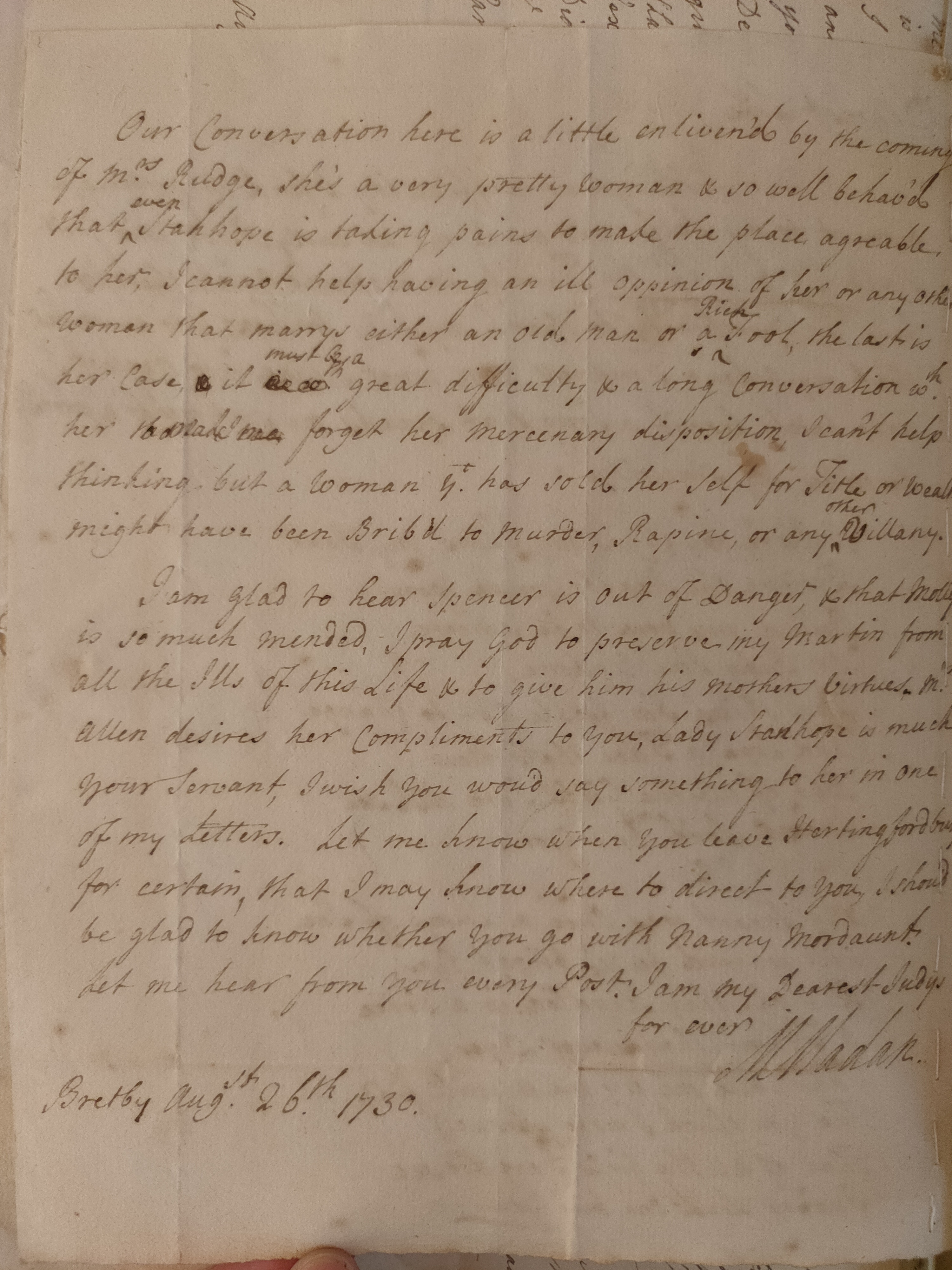 Image #2 of letter: Martin Madan to Judith Madan, 26 August 1730