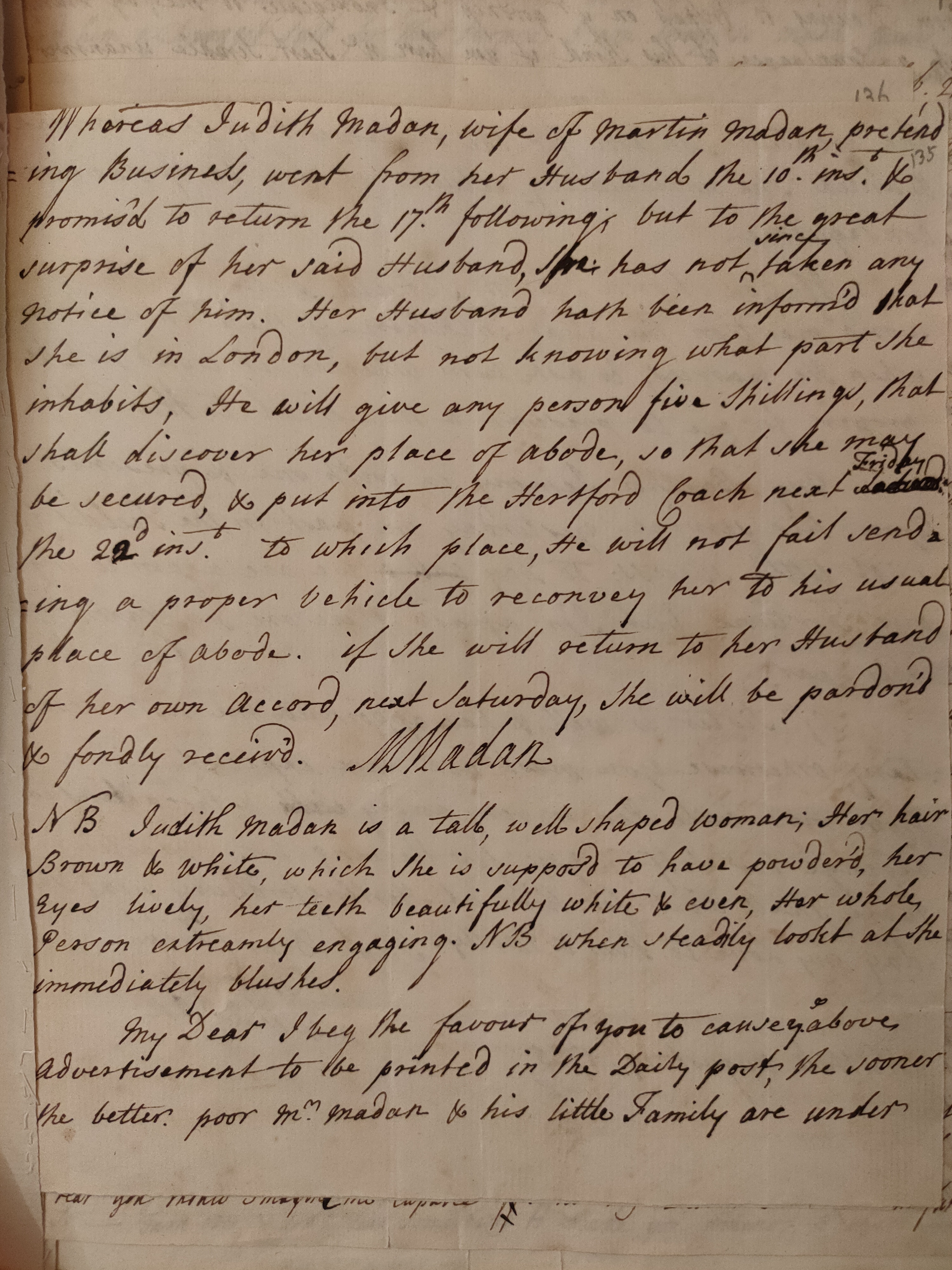 Image #1 of letter: Martin Madan to Judith Madan, 19 August 1735