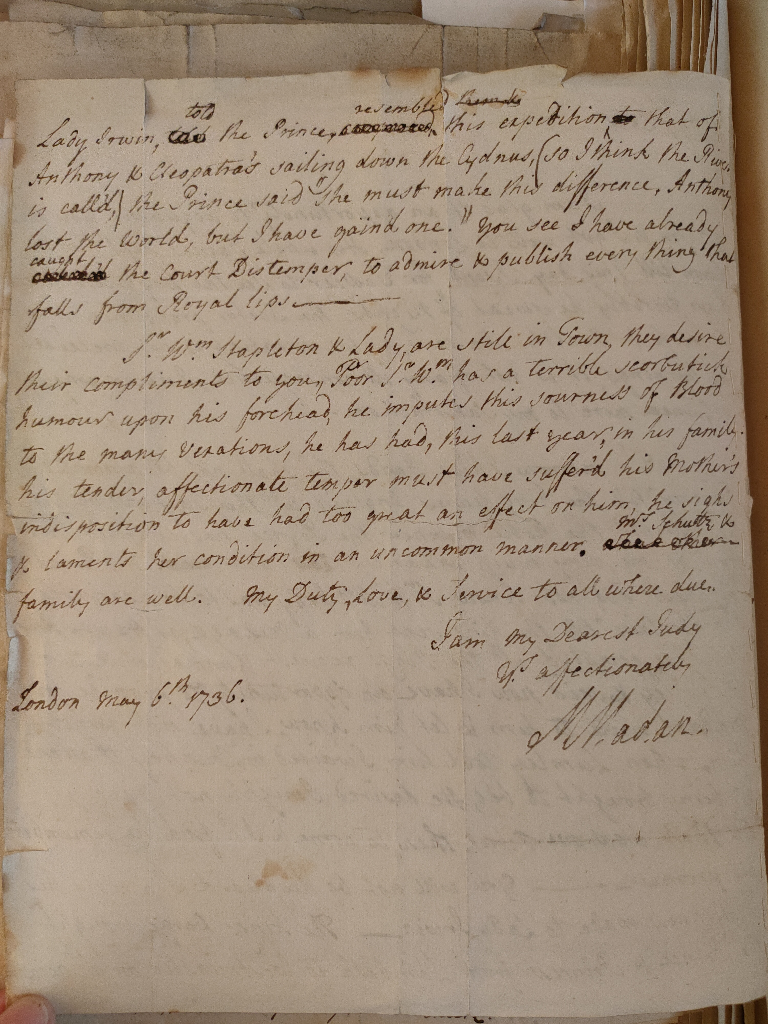 Image #2 of letter: Martin Madan to Judith Madan, 6 May 1736