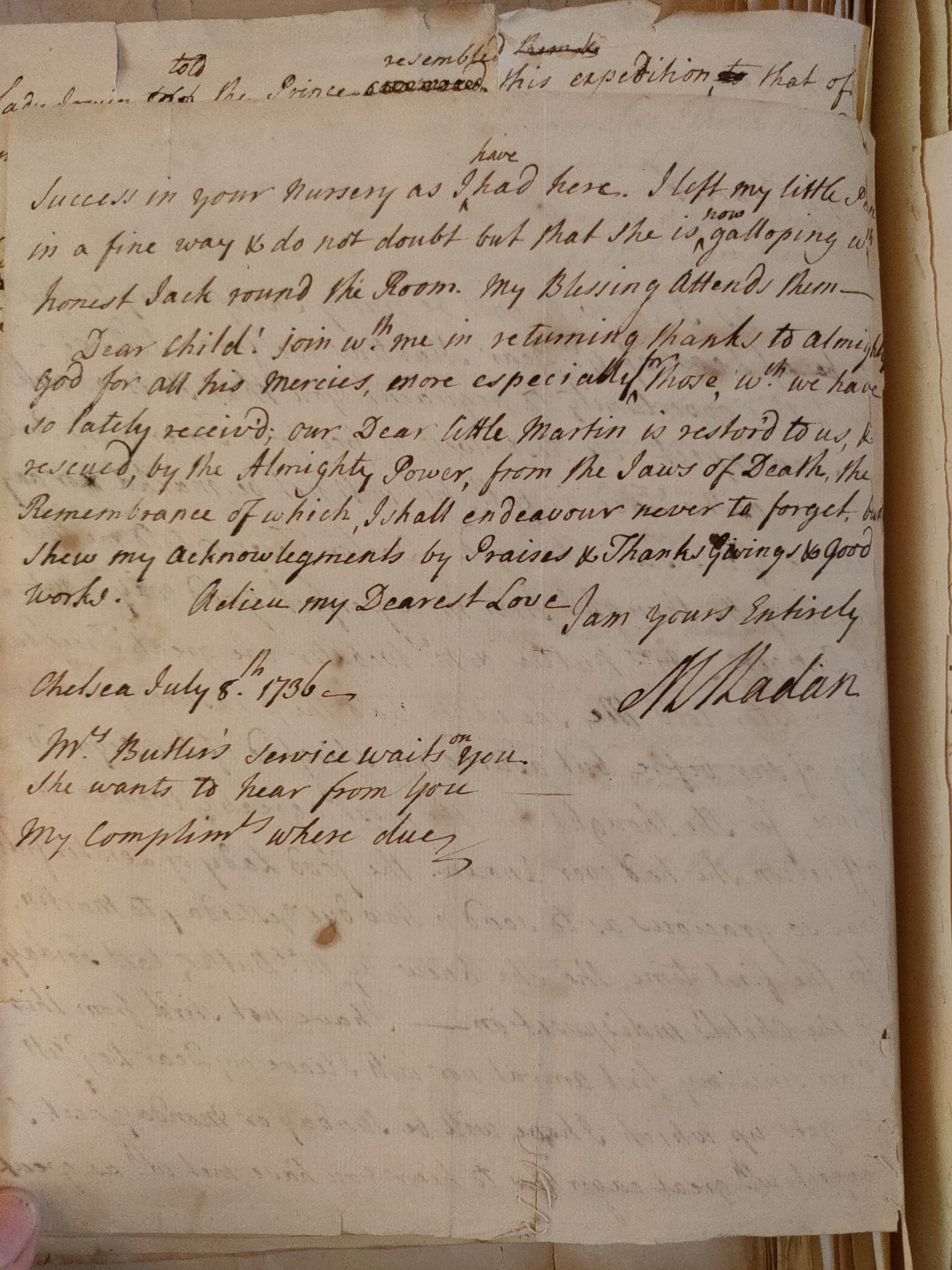 Image #2 of letter: Martin Madan to Judith Madan 6 July 1736