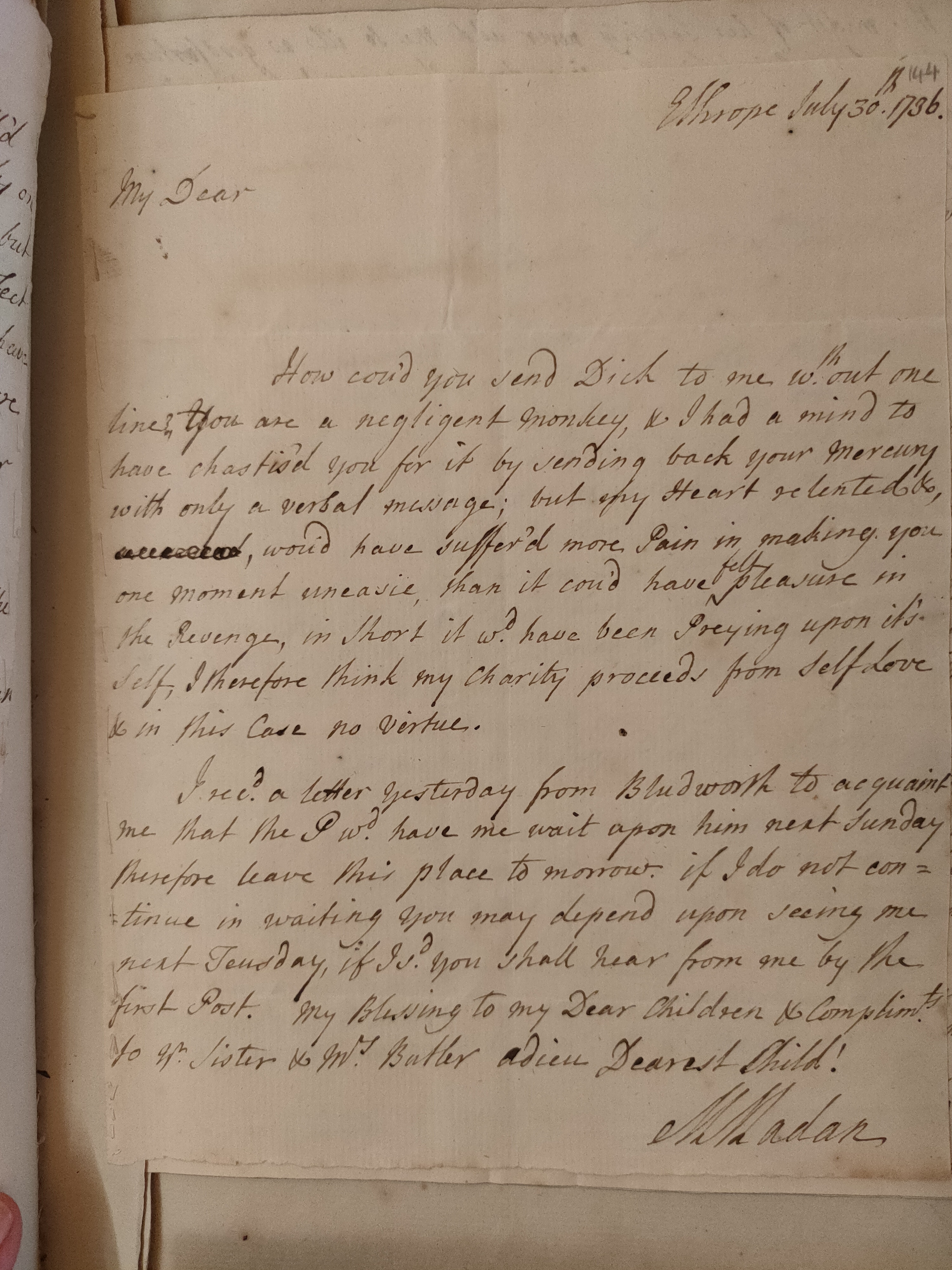 Image #1 of letter: Martin Madan to Judith Madan, 30 July 1736