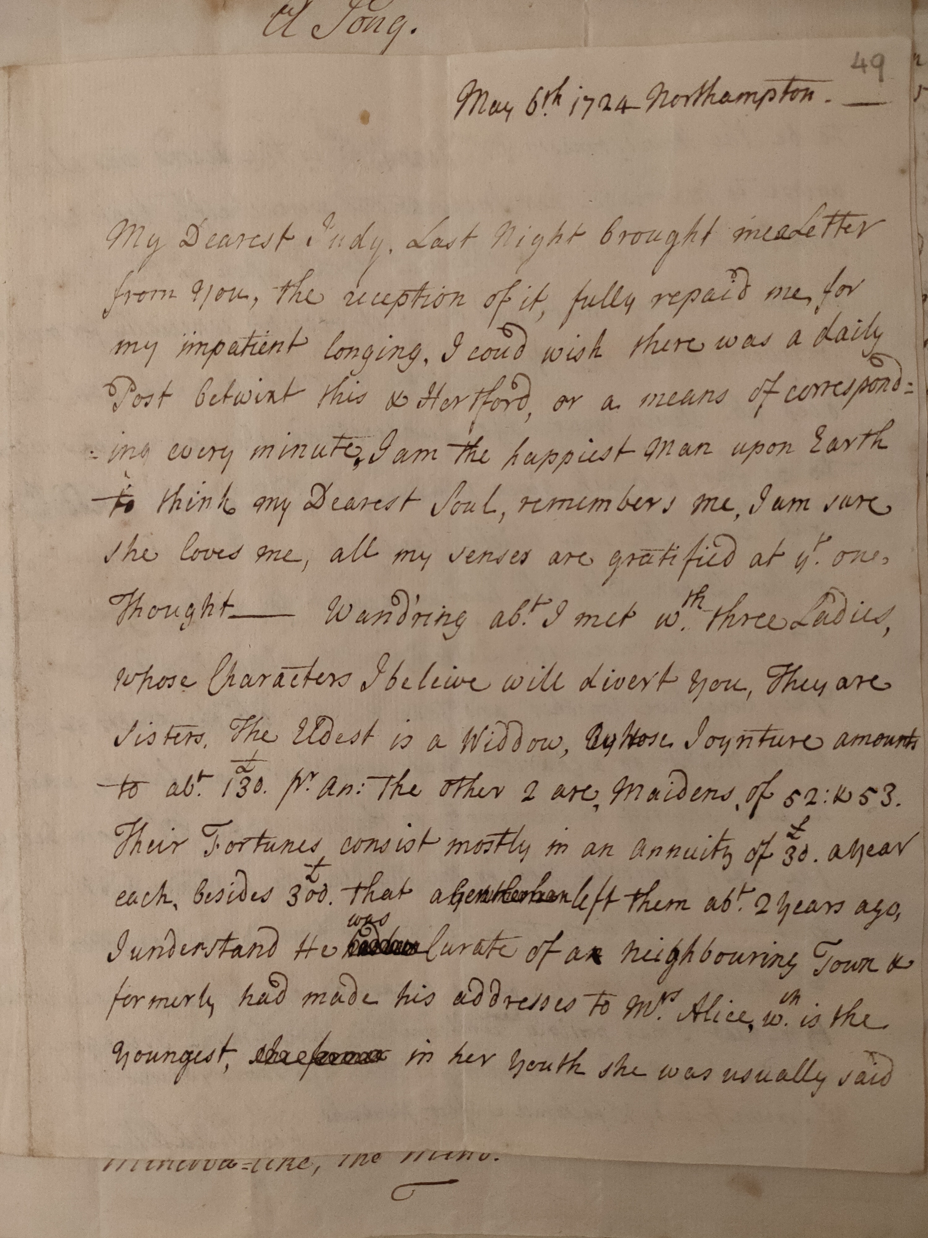 Image #1 of letter: Martin Madan to Judith Madan, 6 May 1724