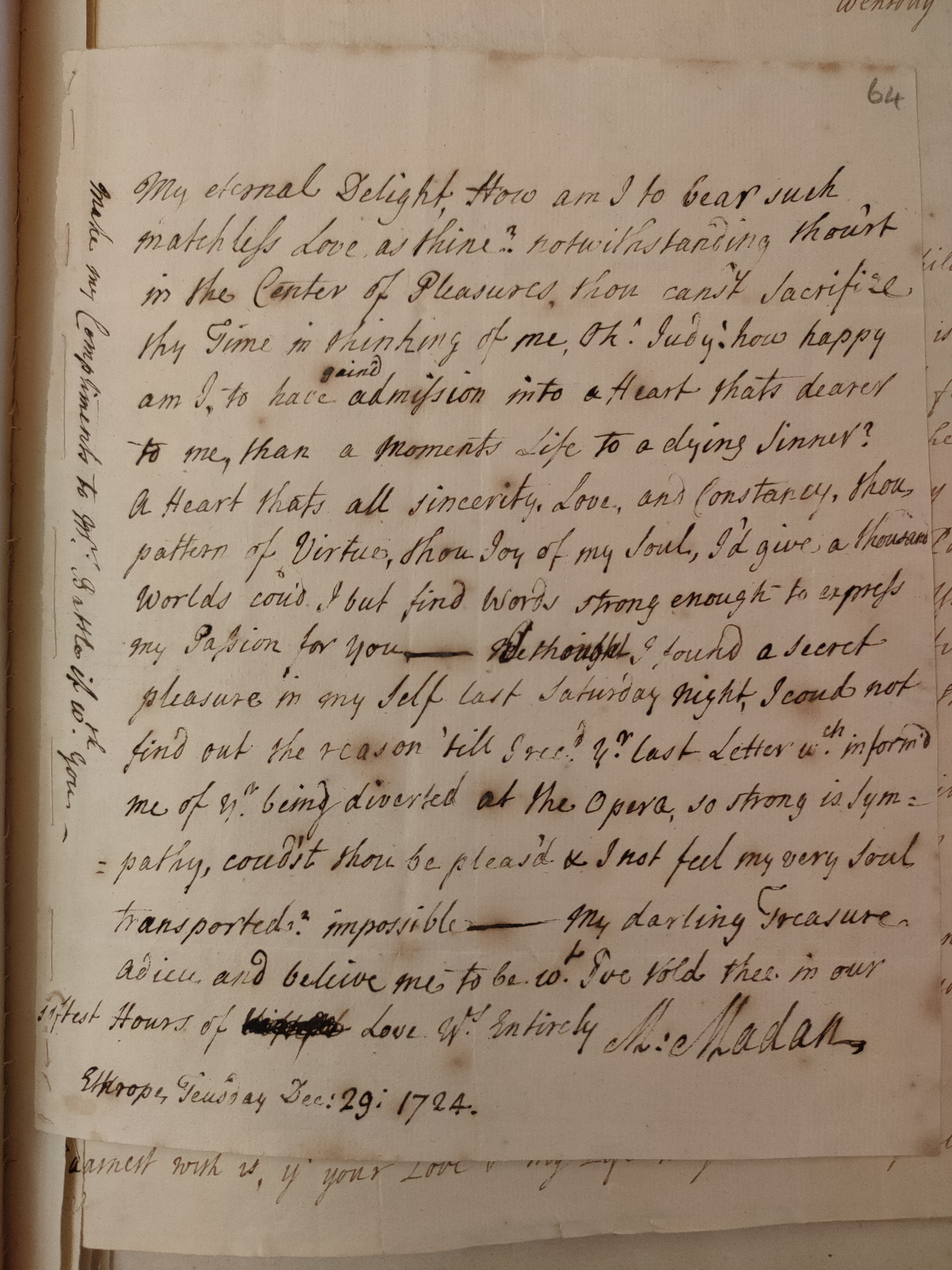Image #1 of letter: Martin Madan to Judith Madan, 29 December 1724