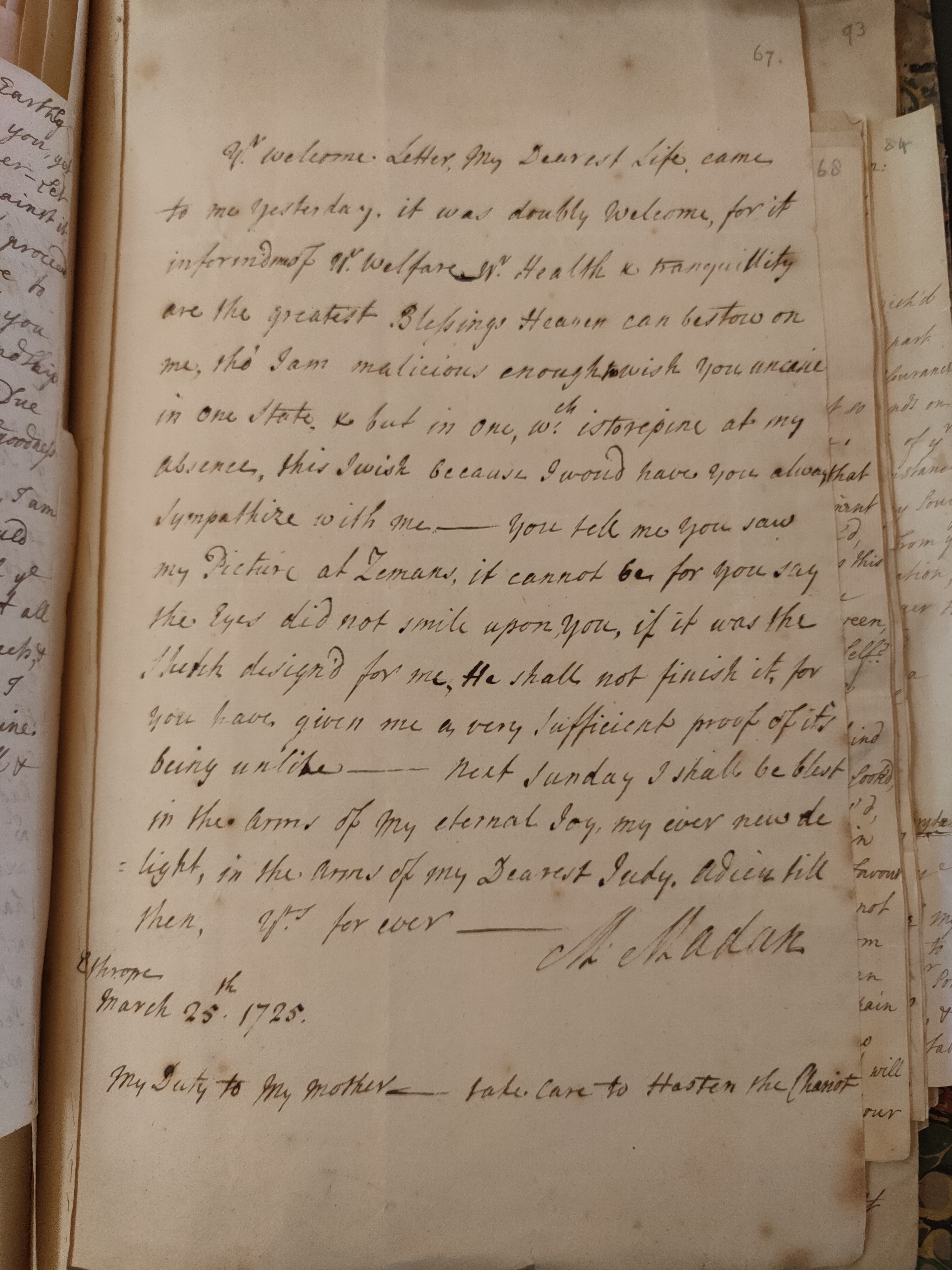 Image #1 of letter: Martin Madan to Judith Madan, 25 March 1725