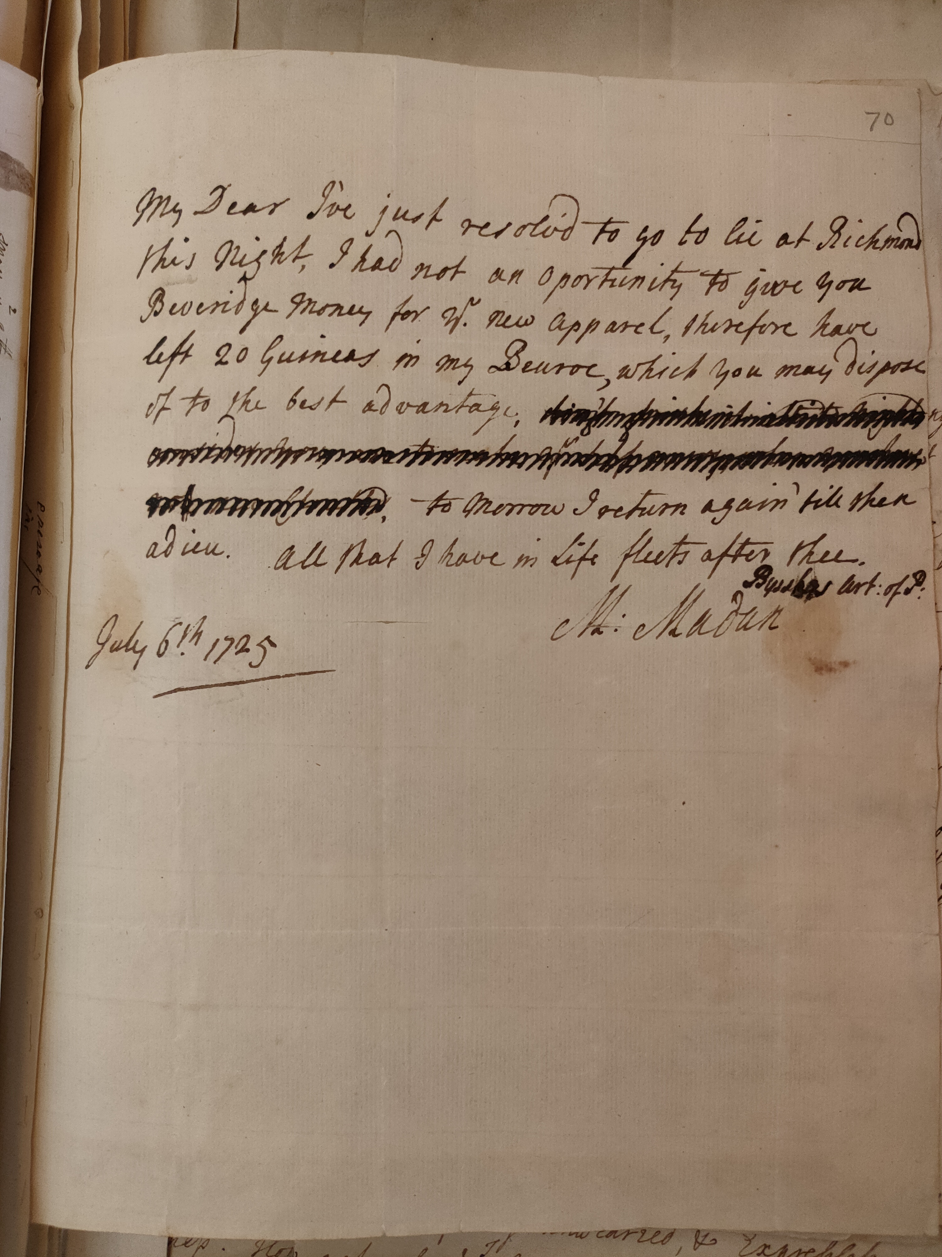 Image #1 of letter: Martin Madan to Judith Madan, 6 July 1725
