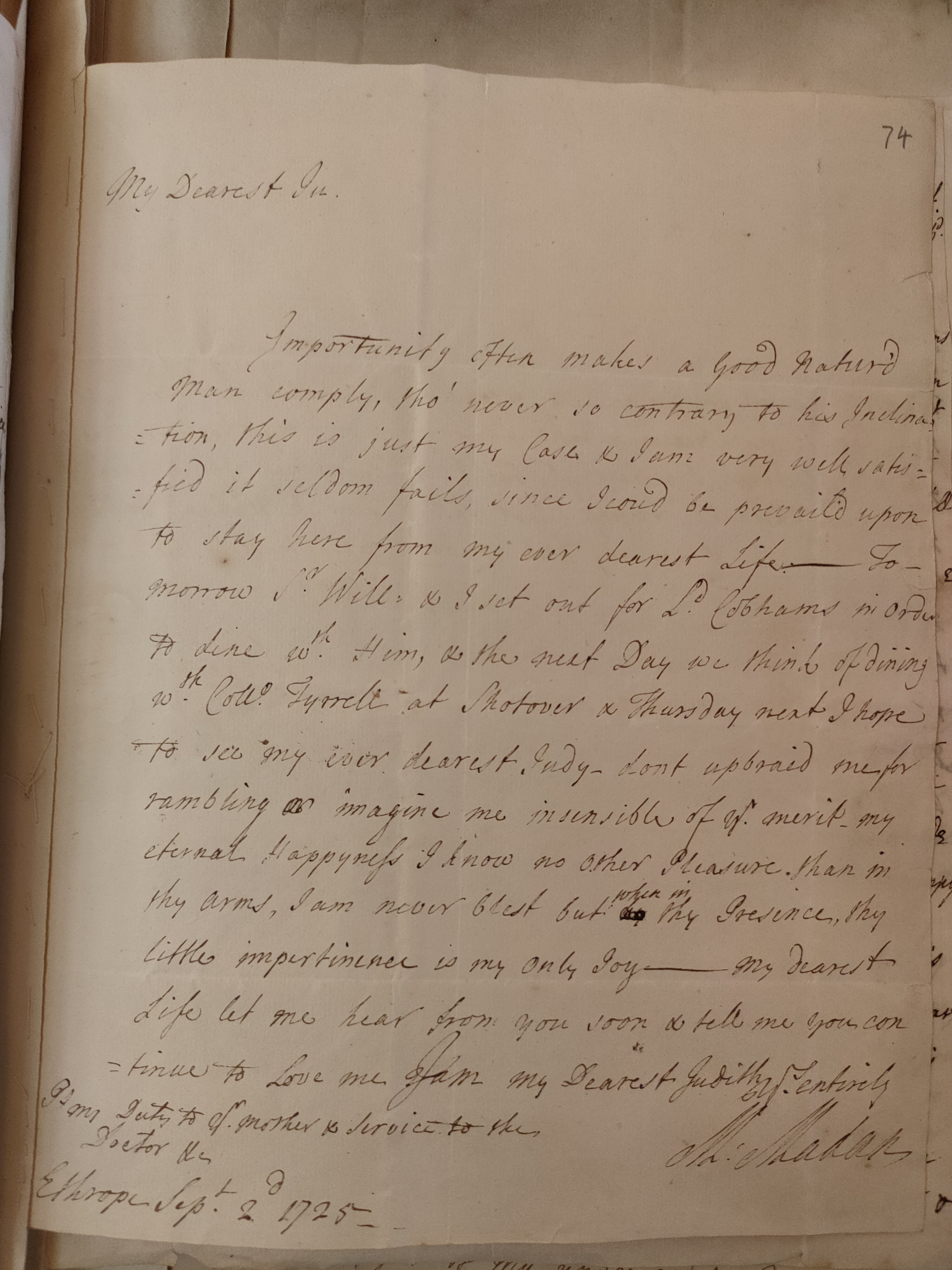 Image #1 of letter: Martin Madan to Judith Madan, 2 September 1725