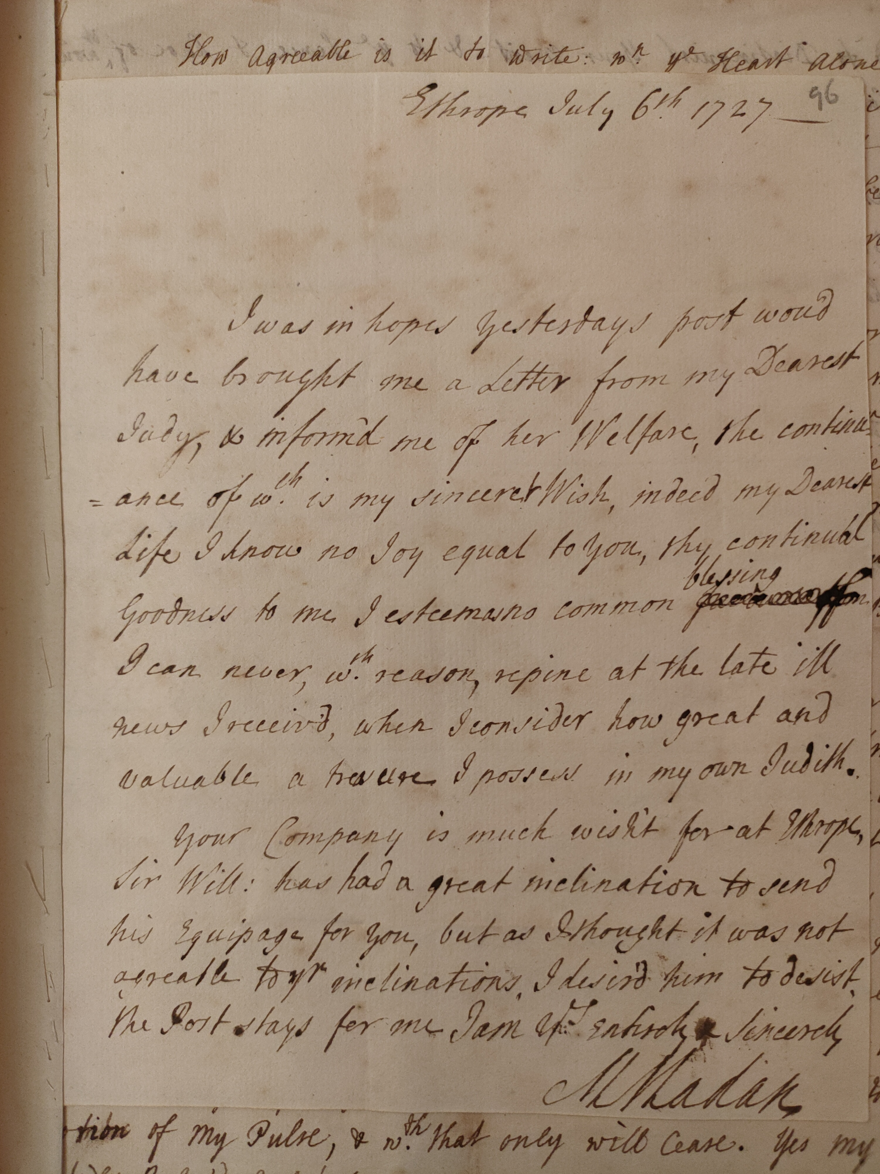 Image #1 of letter: Martin Madan to Judith Madan, 6 July 1727