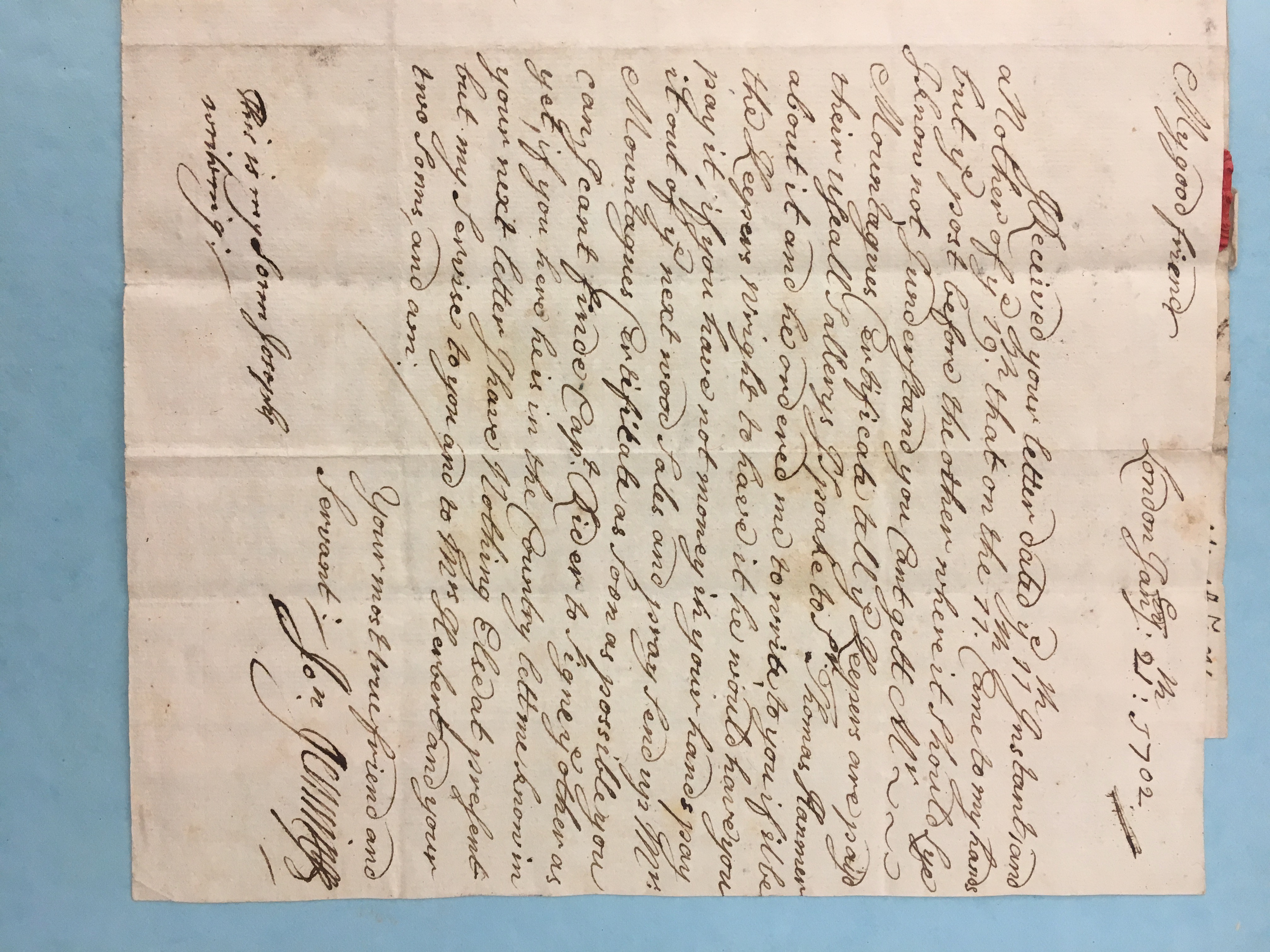 Image #1 of letter: Johnathan Jennings to Thomas Herbert, 21 January 1702