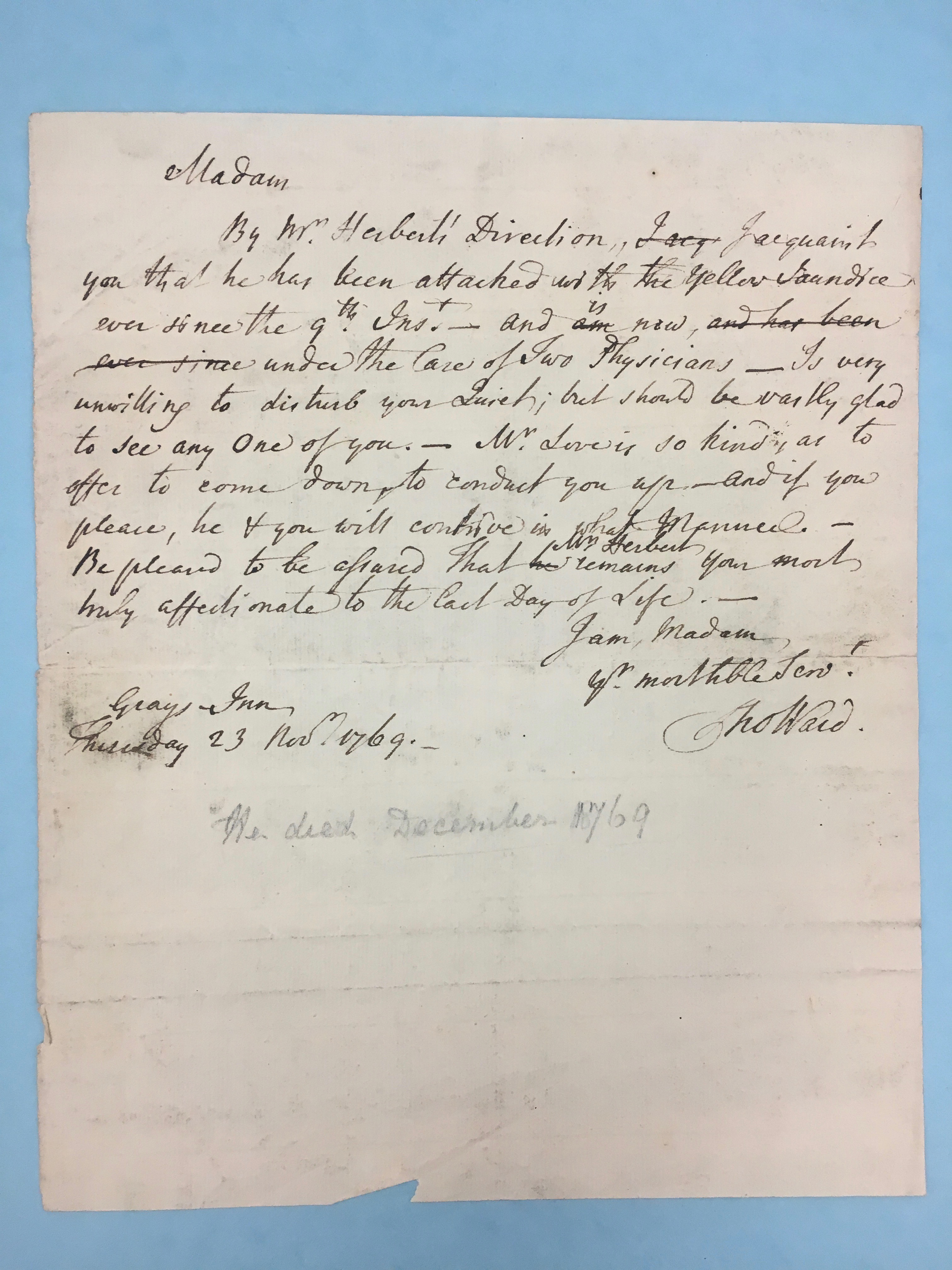Image #1 of letter: Thomas Waid to unknown, 23 November 1769