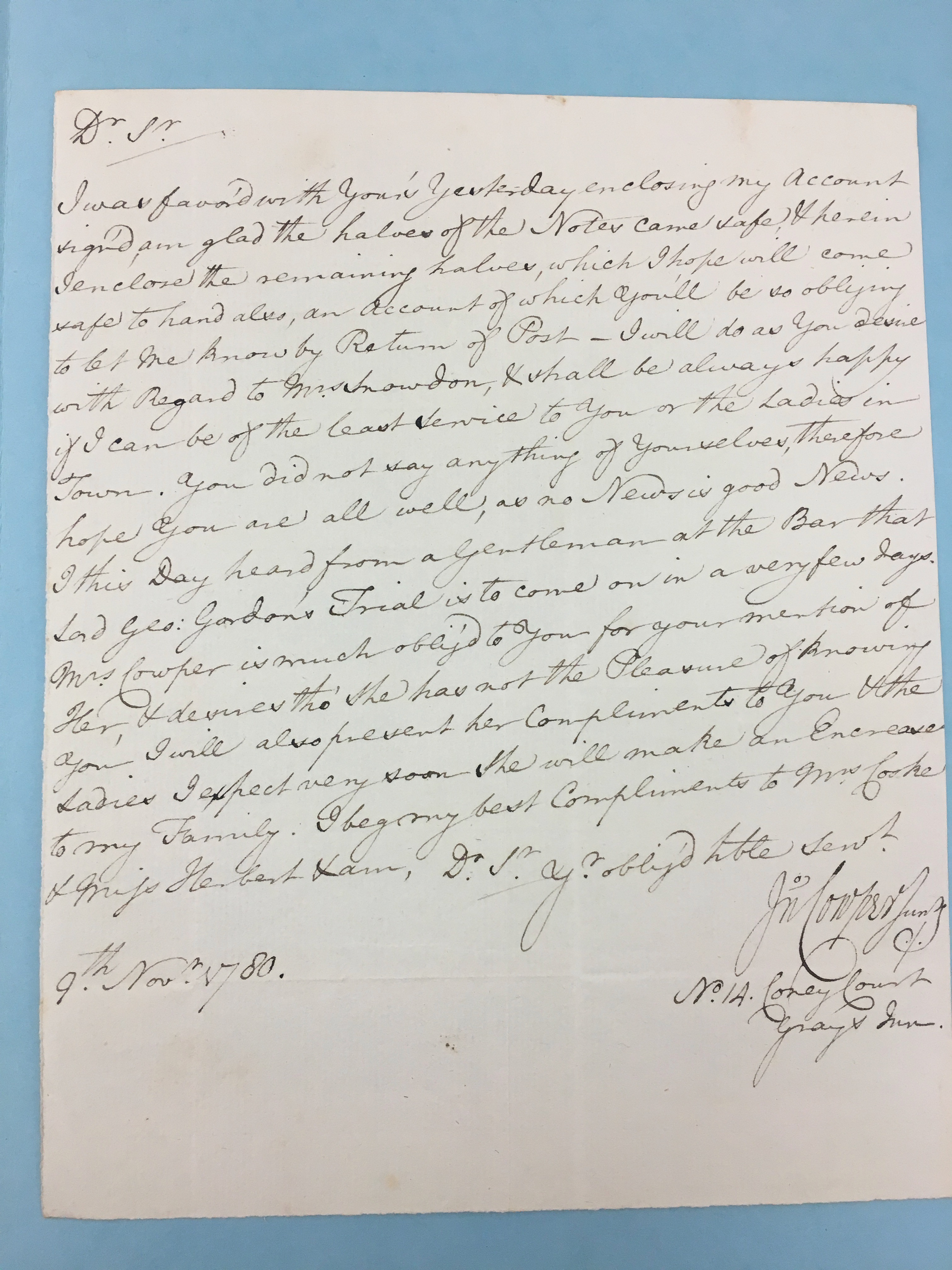 Image #1 of letter: John Cowper to Thomas Cooke, 9 November 1780
