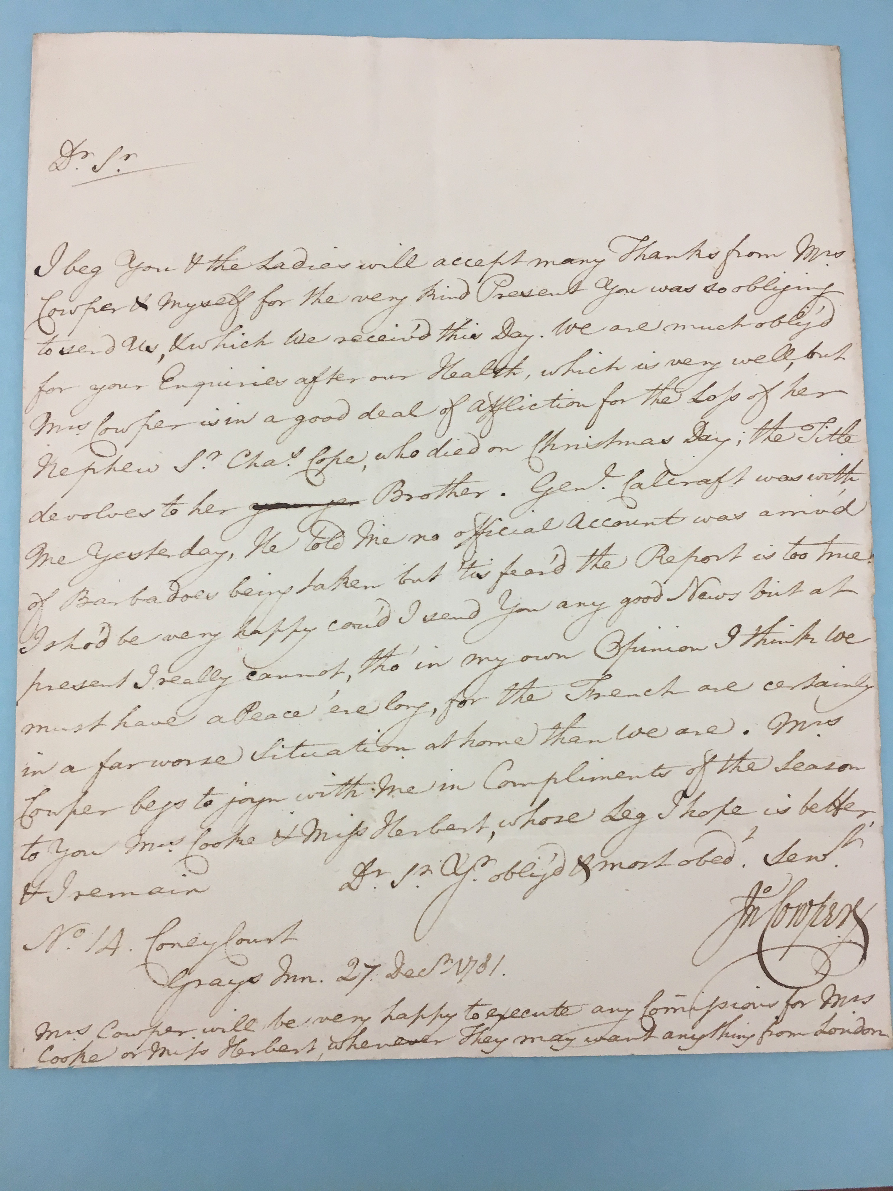 Image #1 of letter: John Cowper to Thomas Cooke, 27 December 1781