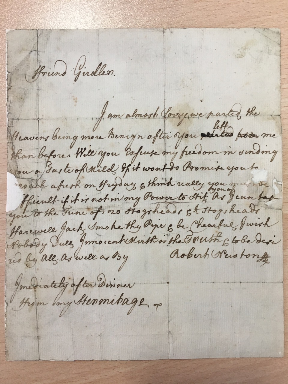 Image #1 of letter: Robert Newton to John Girdler, undated