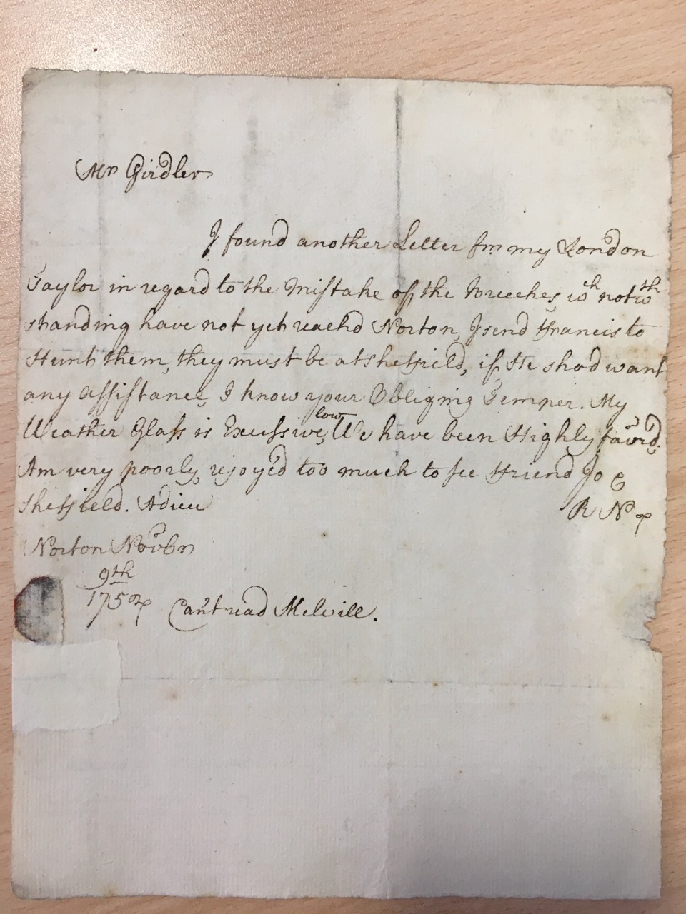 Image #1 of letter: Robert Newton to John Girdler, 9 November 1754