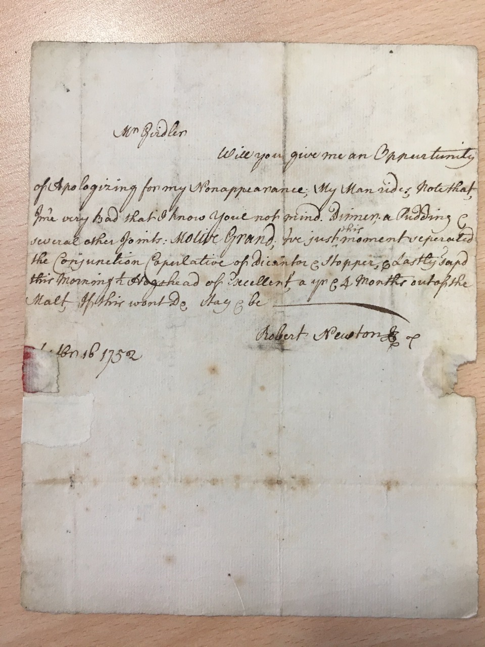 Image #1 of letter: Robert Newton to John Girdler, 16 February 1752