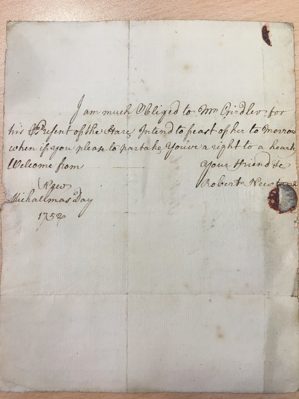 Image #1 of letter: Robert Newton to John Girdler, {?29 September} 1754