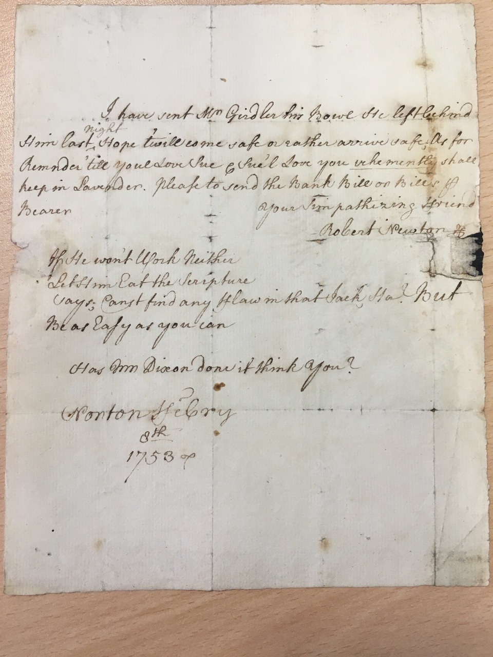Image #1 of letter: Robert Newton to John Girdler, 8 February 1753