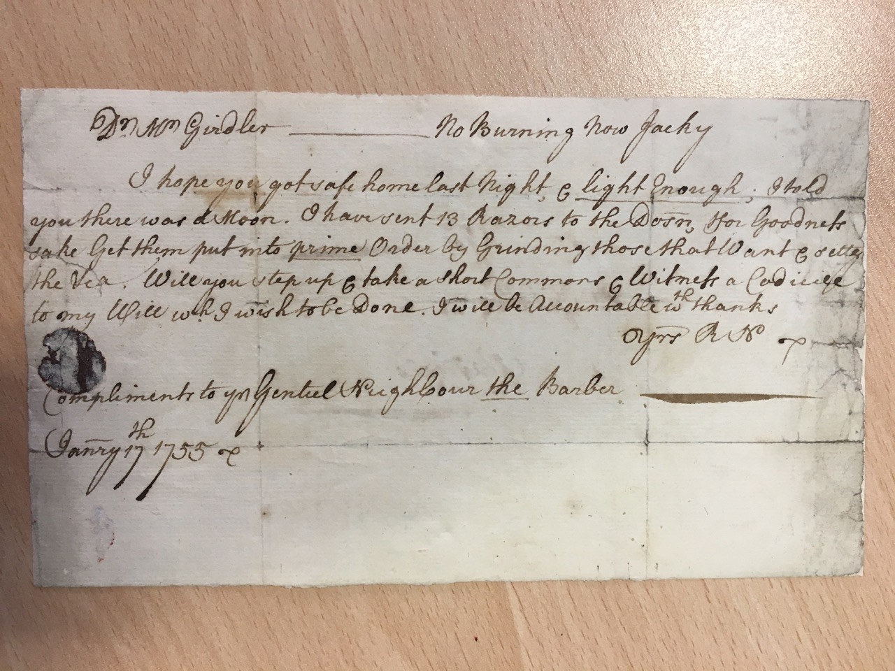 Image #1 of letter: Robert Newton to John Girdler, 17 January 1755