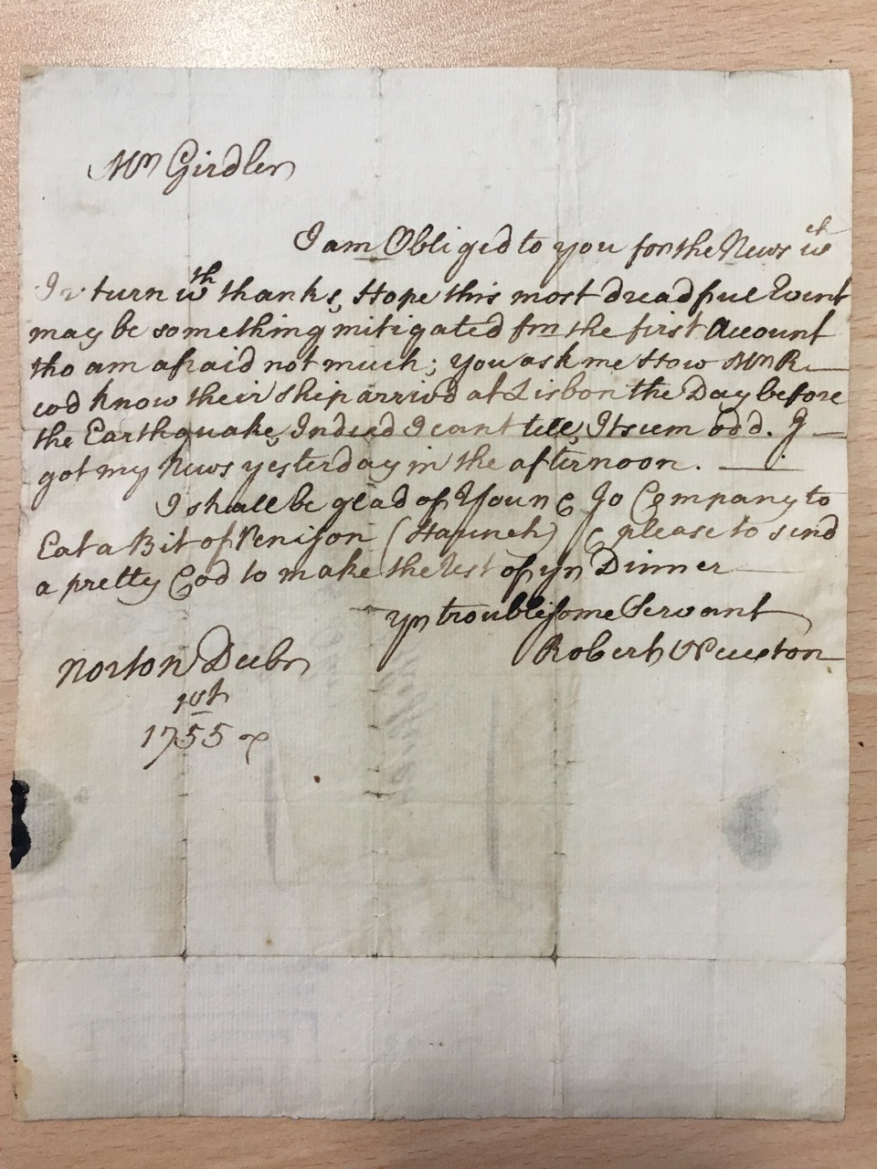 Image #1 of letter: Robert Newton to John Girdler, 1 December 1755