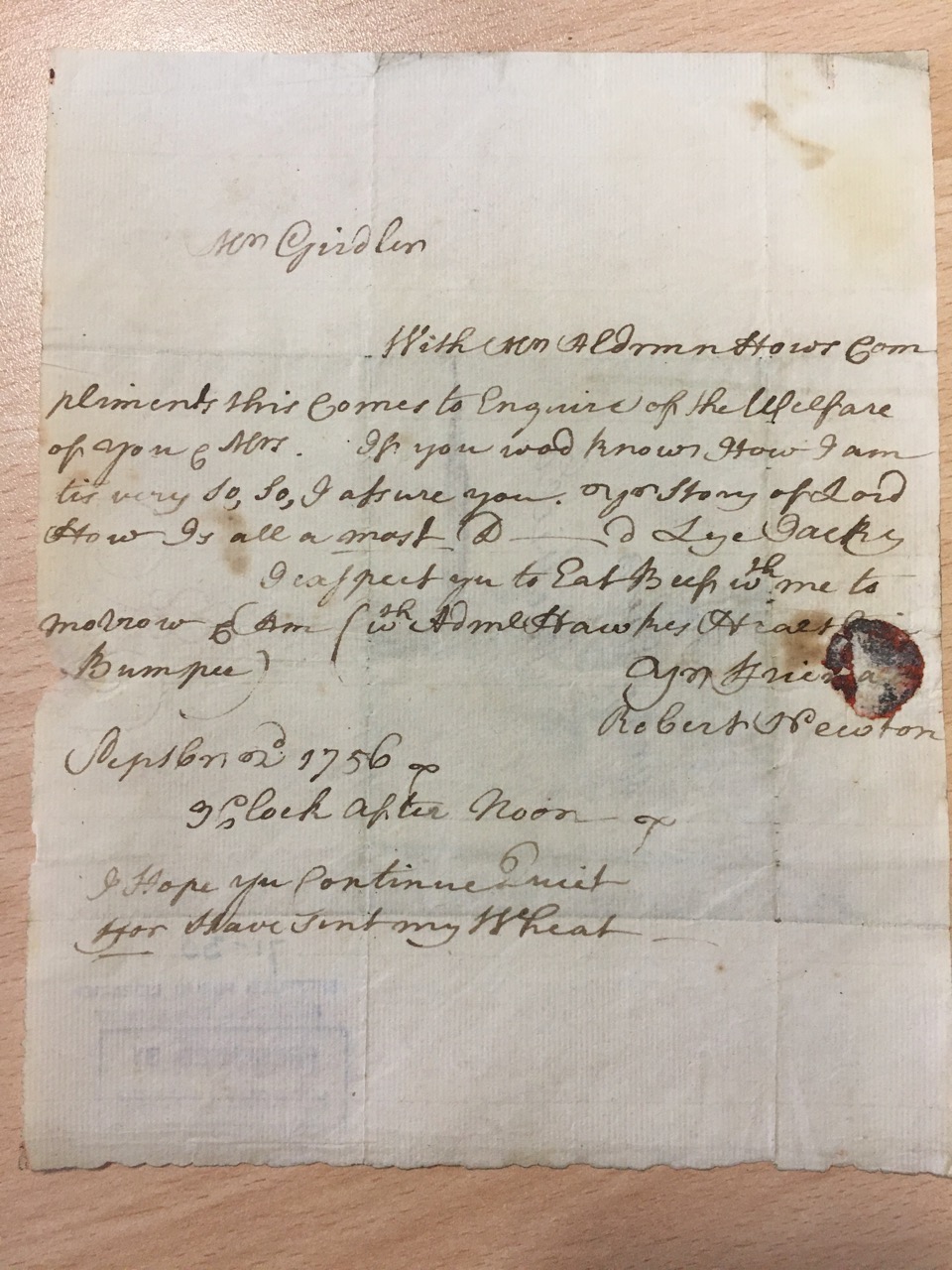 Image #1 of letter: Robert Newton to John Girdler, 2 September 1756