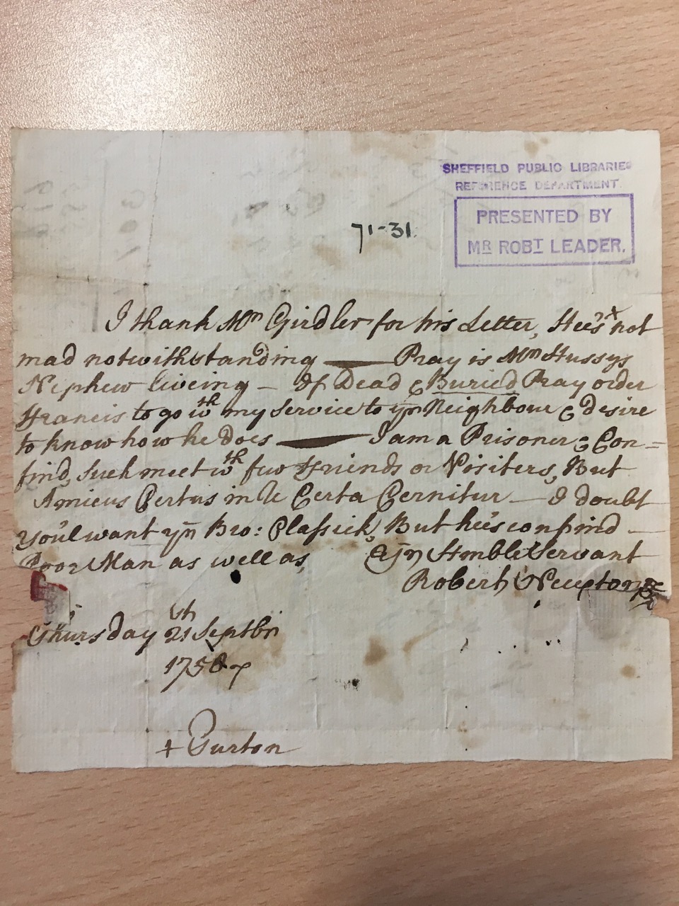 Image #1 of letter: Robert Newton to John Girdler, 21 September 1756
