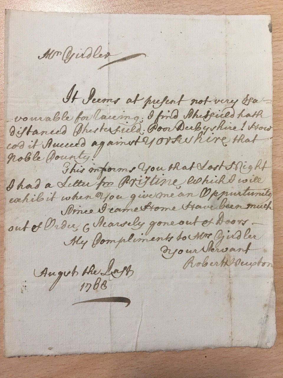Image #1 of letter: Robert Newton to John Girdler, 31 August 1768