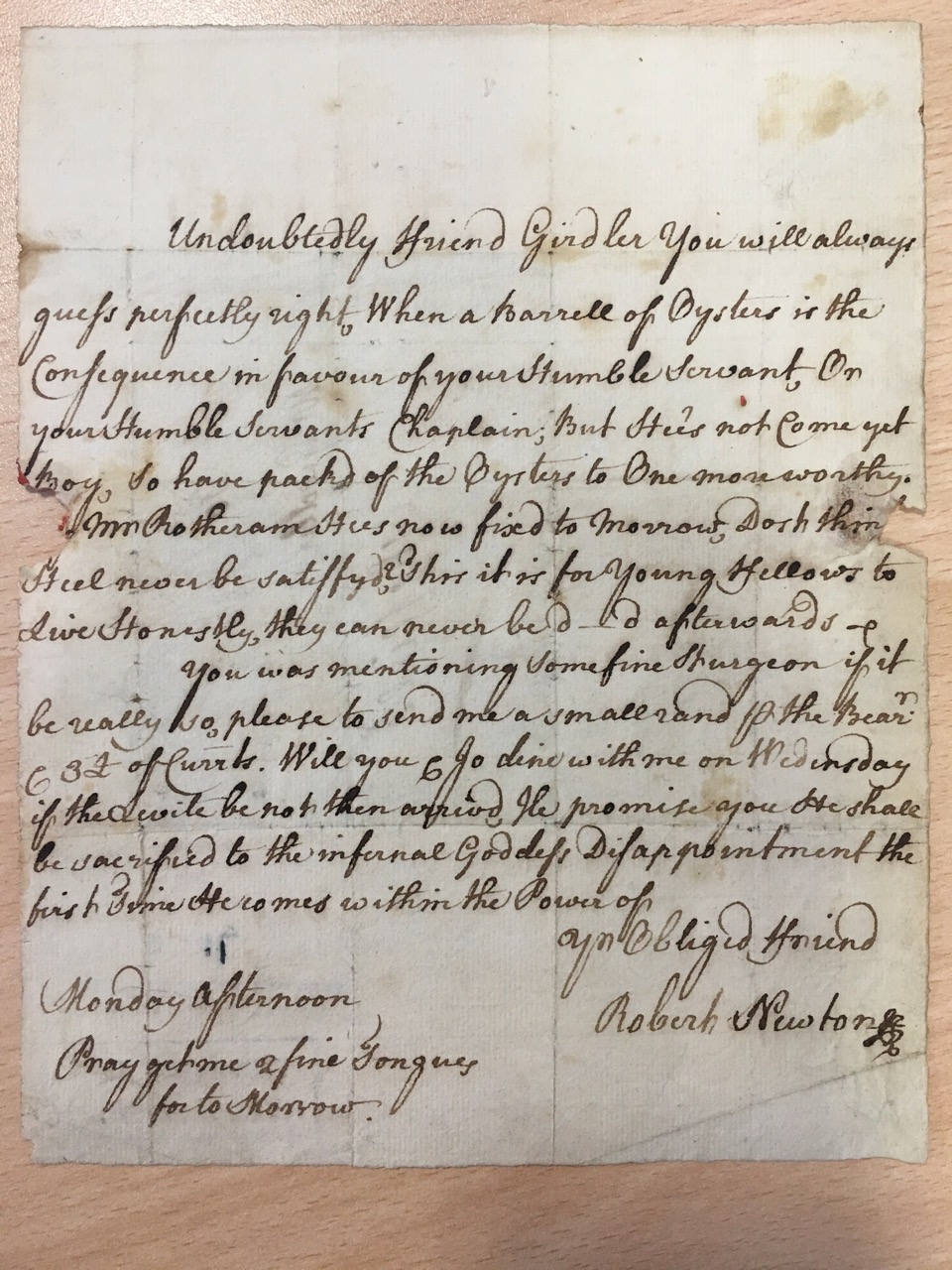 Image #1 of letter: Robert Newton to John Girdler, undated