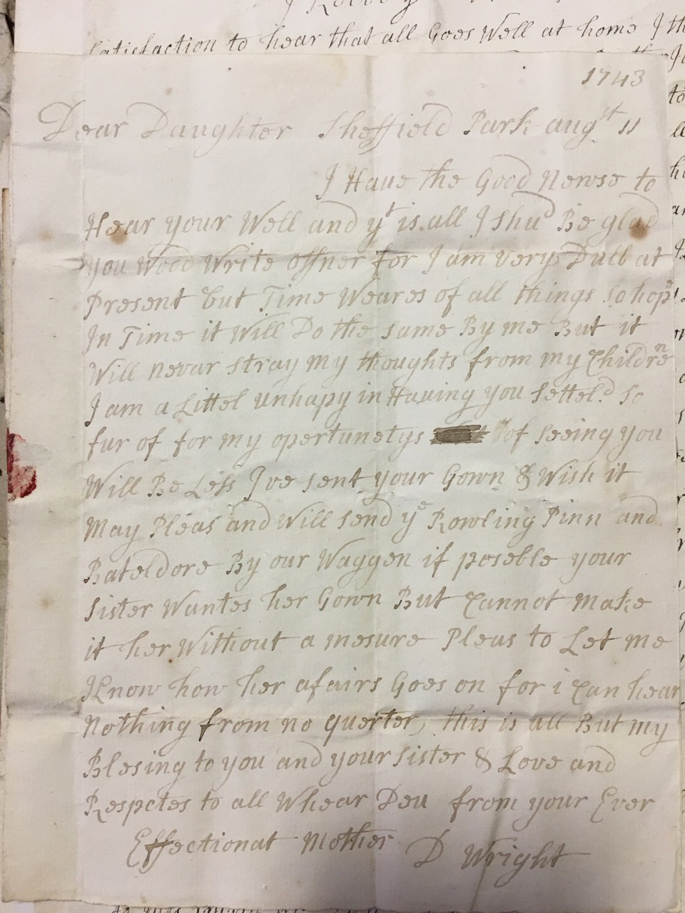 Image #1 of letter: Dorothy Wright to Catherine Elliott, 11 August 1743