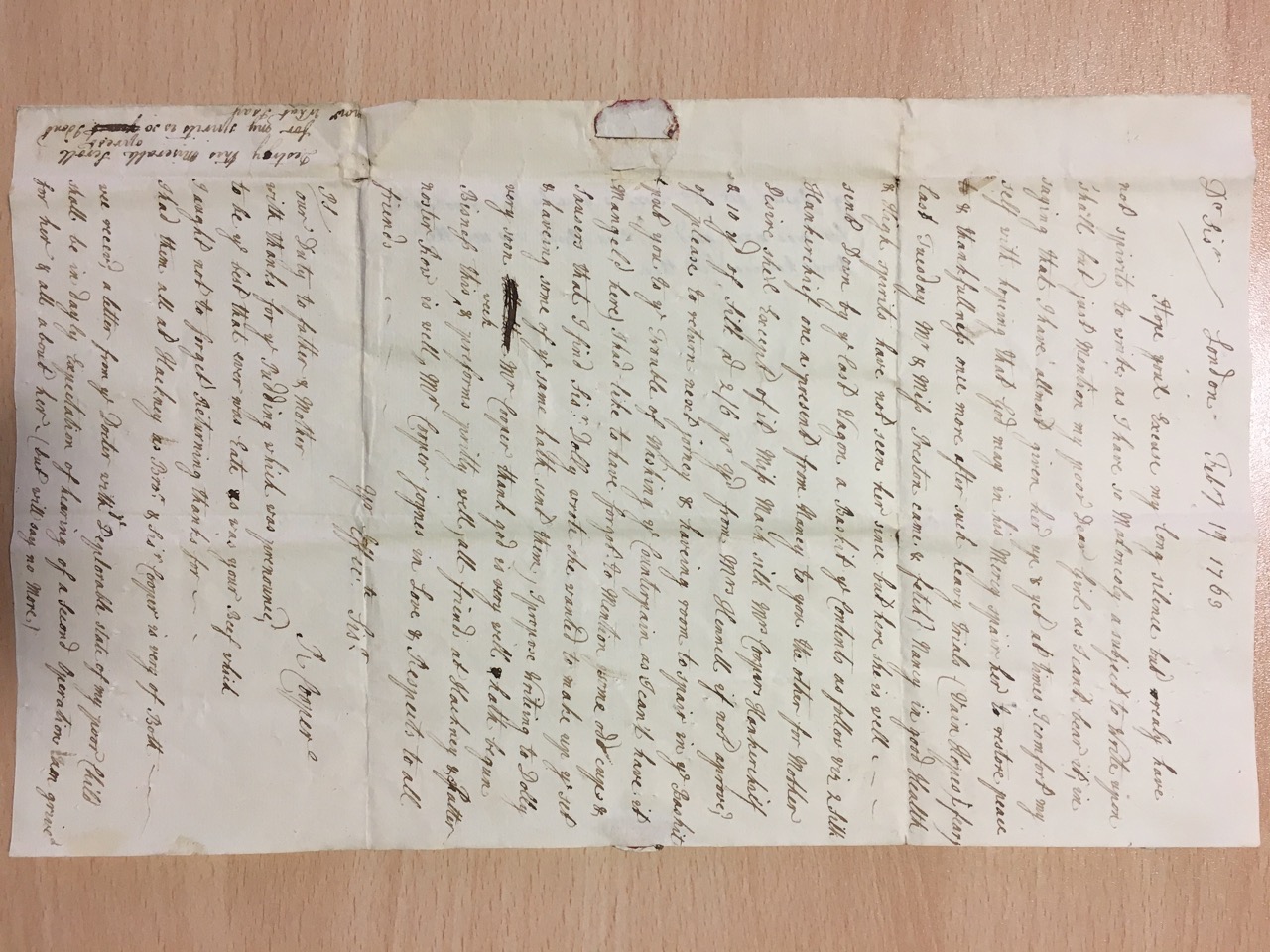 Image #1 of letter: Rebecca Cooper to Catherine Elliott, 19 February 1763