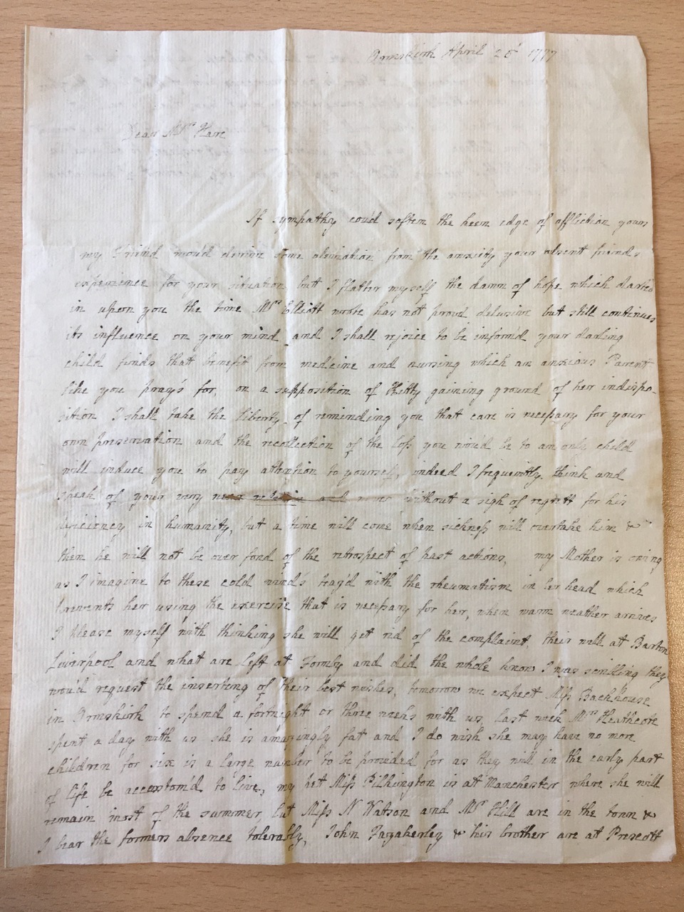 Image #1 of letter: J[enny] Brownsword to Ann Hare 25 April 1777